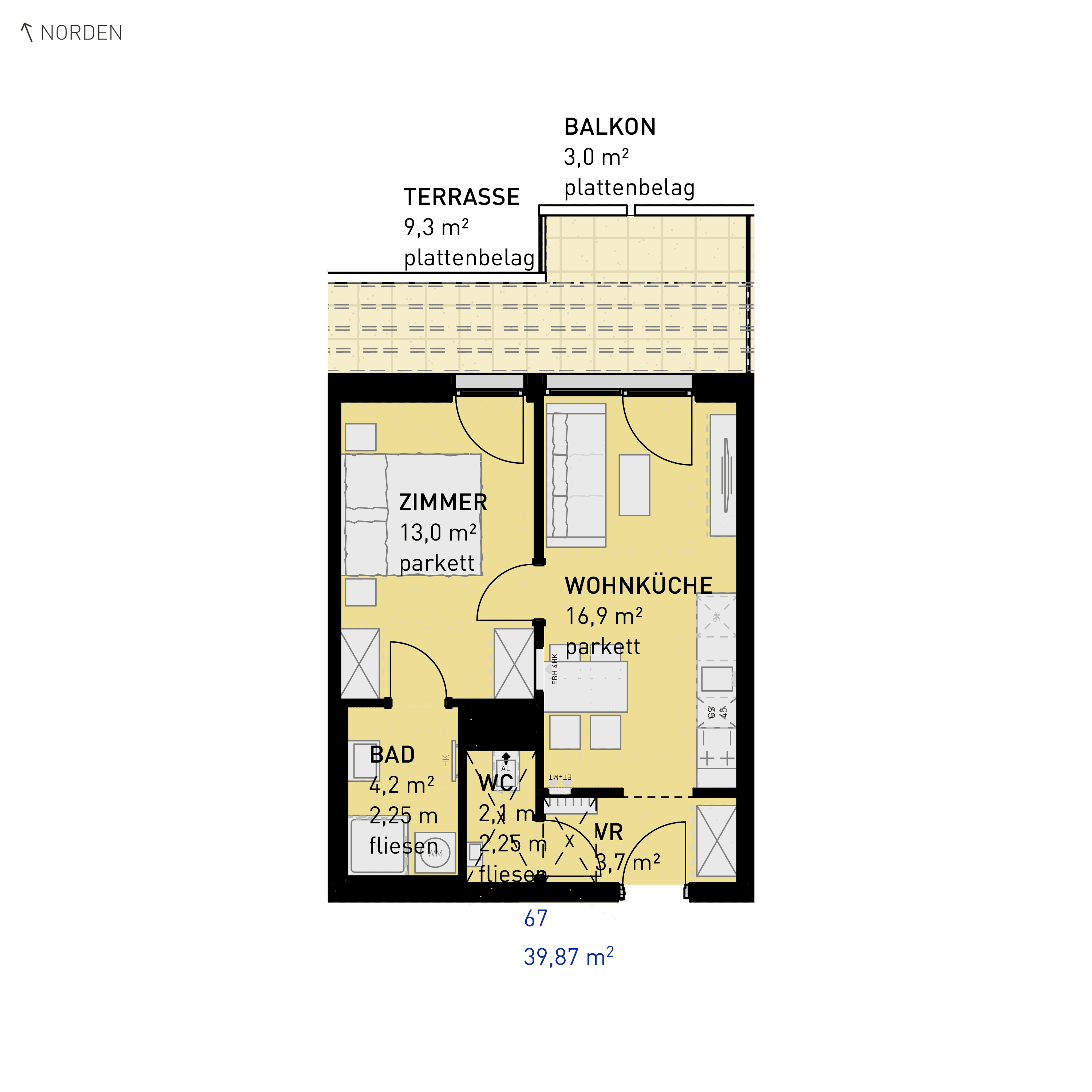 Grundriss Top 67 — Simmeringer Wohn(t)raum — 2 Zimmer — 39,9 m² — 3rd floor — N/O