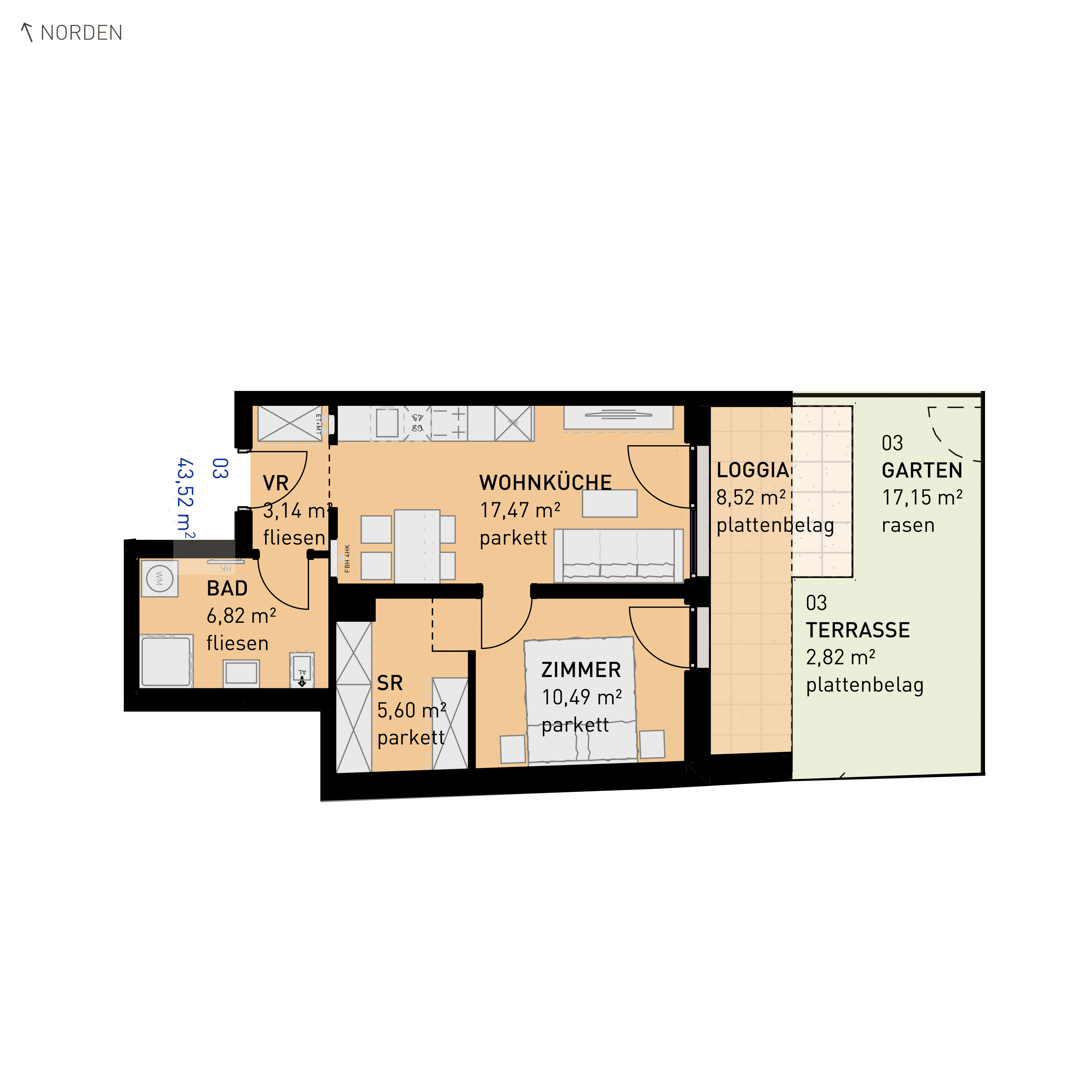 Grundriss Top 03 — Simmeringer Wohn(t)raum — 2 Zimmer — 43,5 m² — Ground floor — O/S