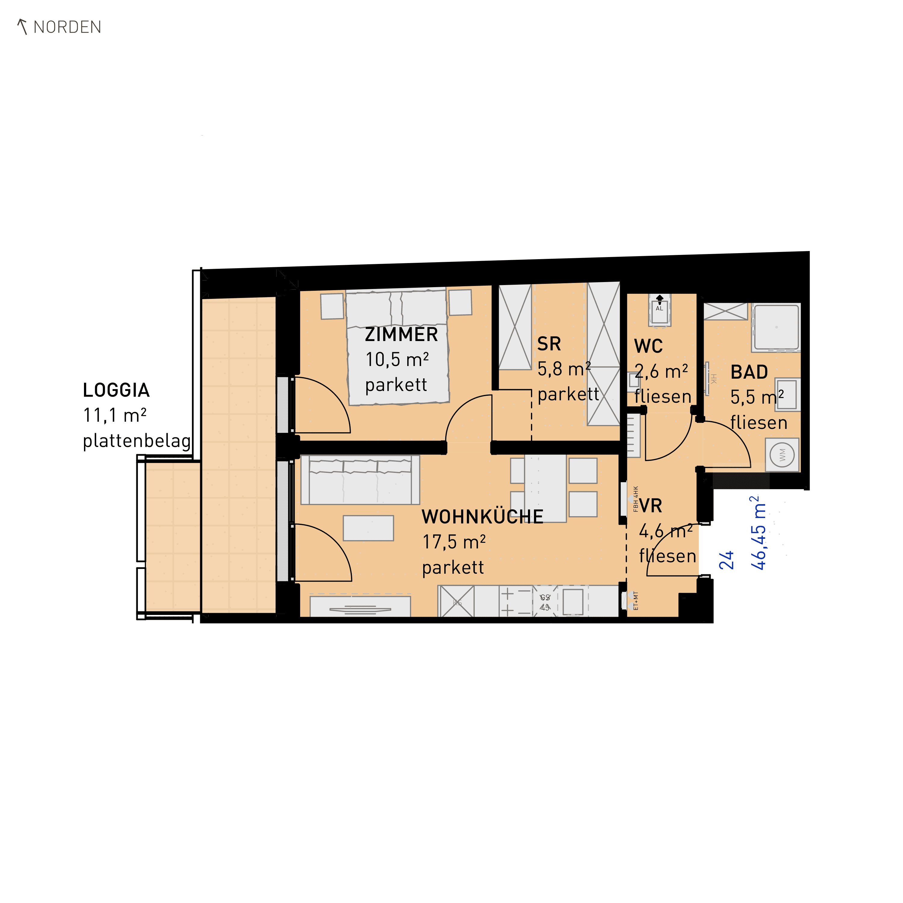 Grundriss Top 24 — Simmeringer Wohn(t)raum — 2 Zimmer — 46,5 m² — 1st floor — N/W