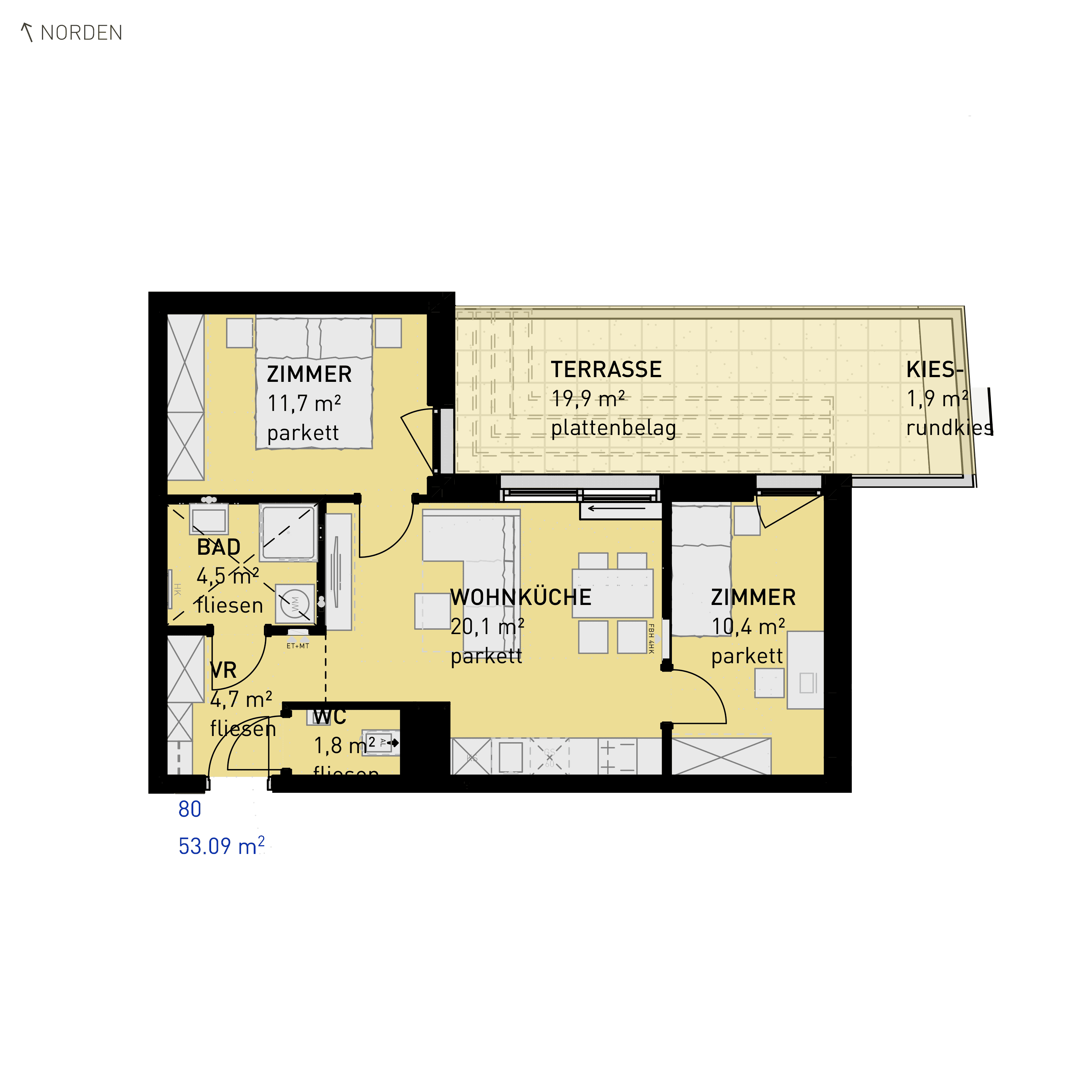 Grundriss Top 80 — Simmeringer Wohn(t)raum — 3 Zimmer — 53,1 m² — 4th floor — N/O