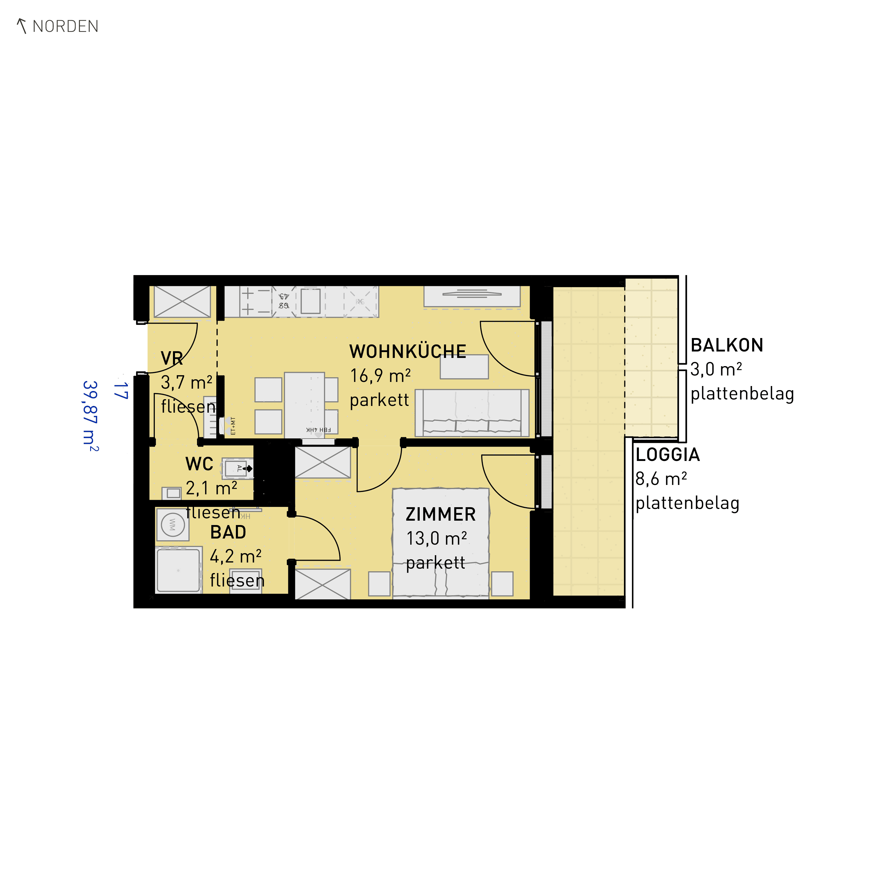 Grundriss Top 17 — Simmeringer Wohn(t)raum — 2 Zimmer — 39,9 m² — 1st floor — O/S