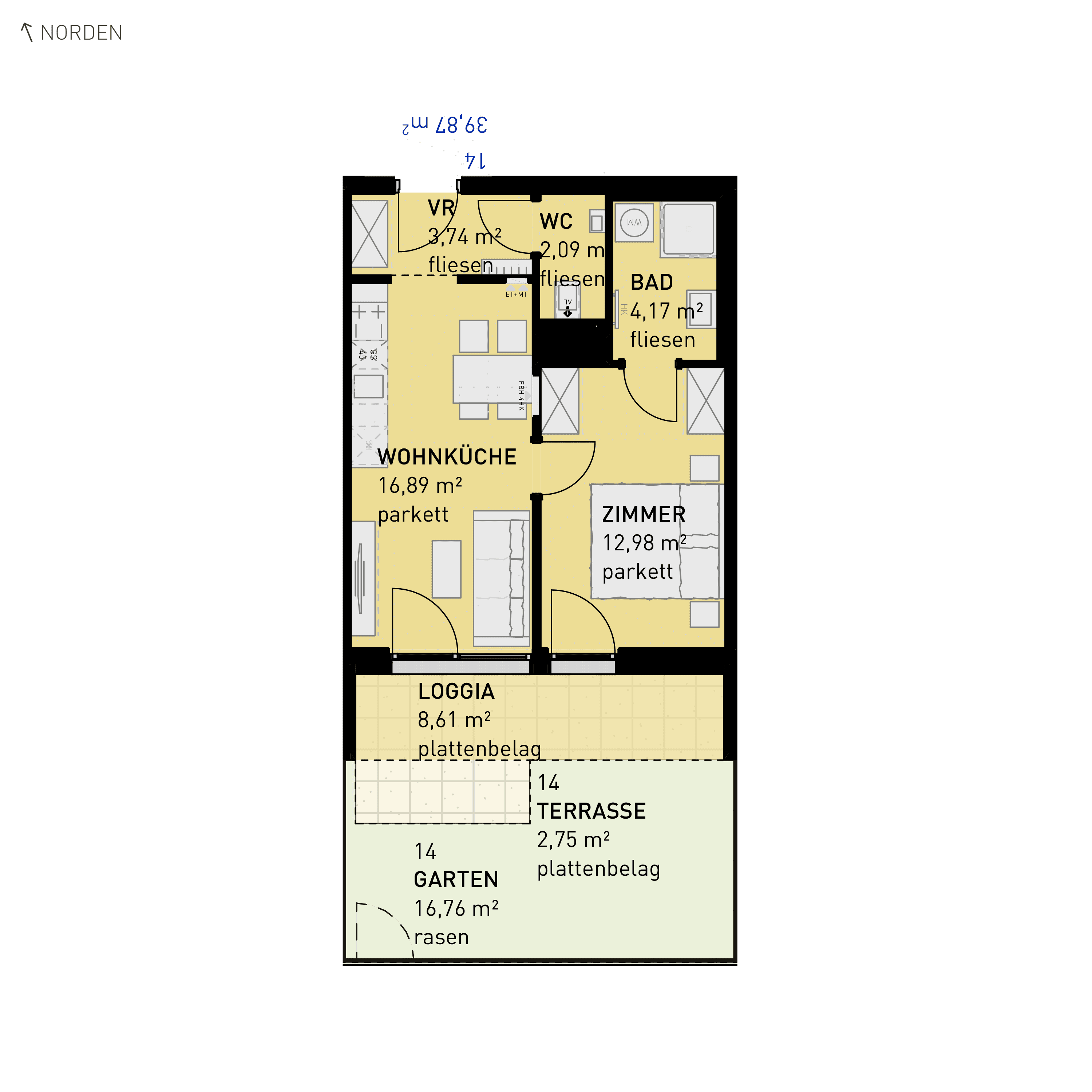 Grundriss Top 14 — Simmeringer Wohn(t)raum — 2 Zimmer — 39,9 m² — Ground floor — S/W