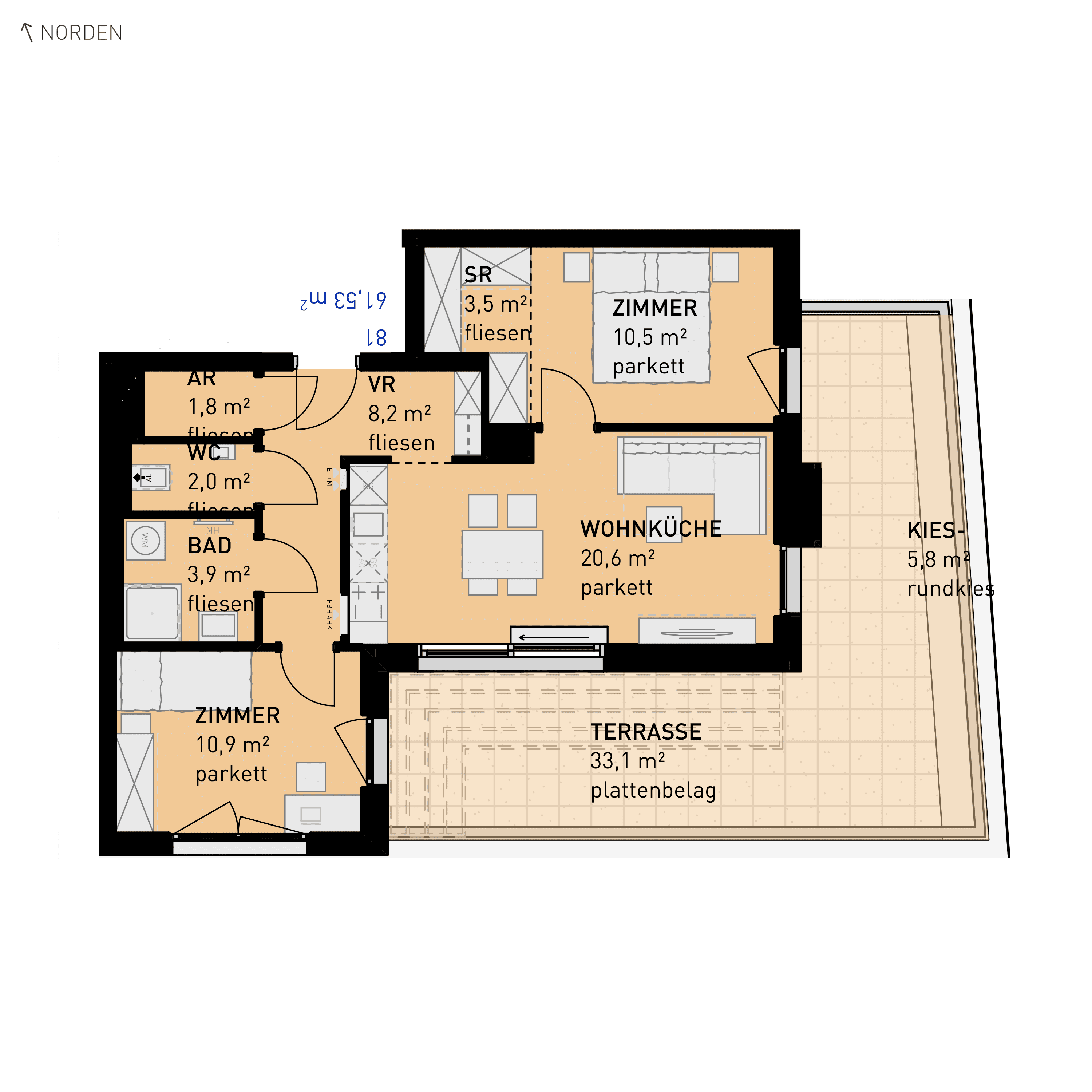 Grundriss Top 81 — Simmeringer Wohn(t)raum — 3 Zimmer — 61,5 m² — 4th floor — O/S