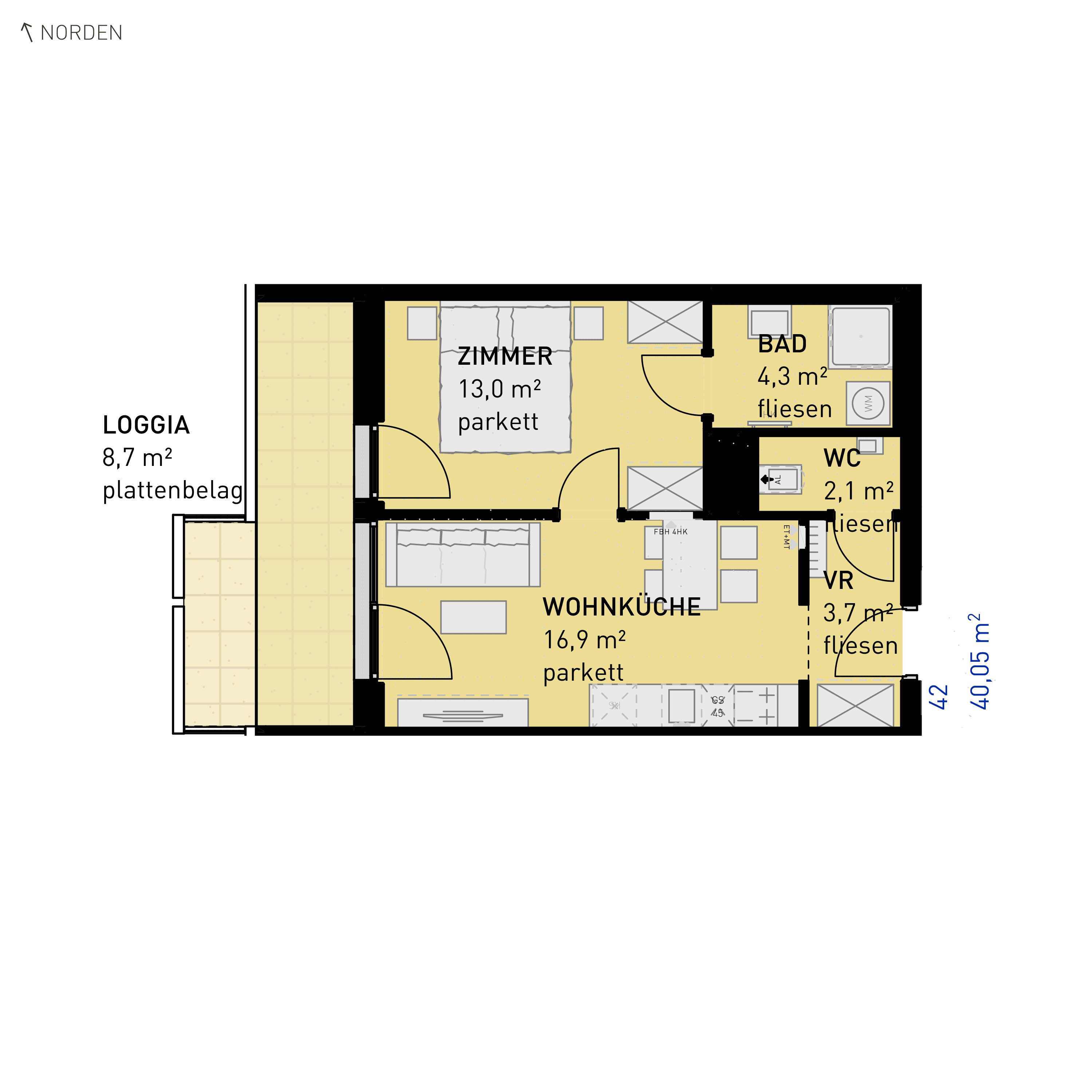 Grundriss Top 42 — Simmeringer Wohn(t)raum — 2 Zimmer — 40,1 m² — 2nd floor — N/W