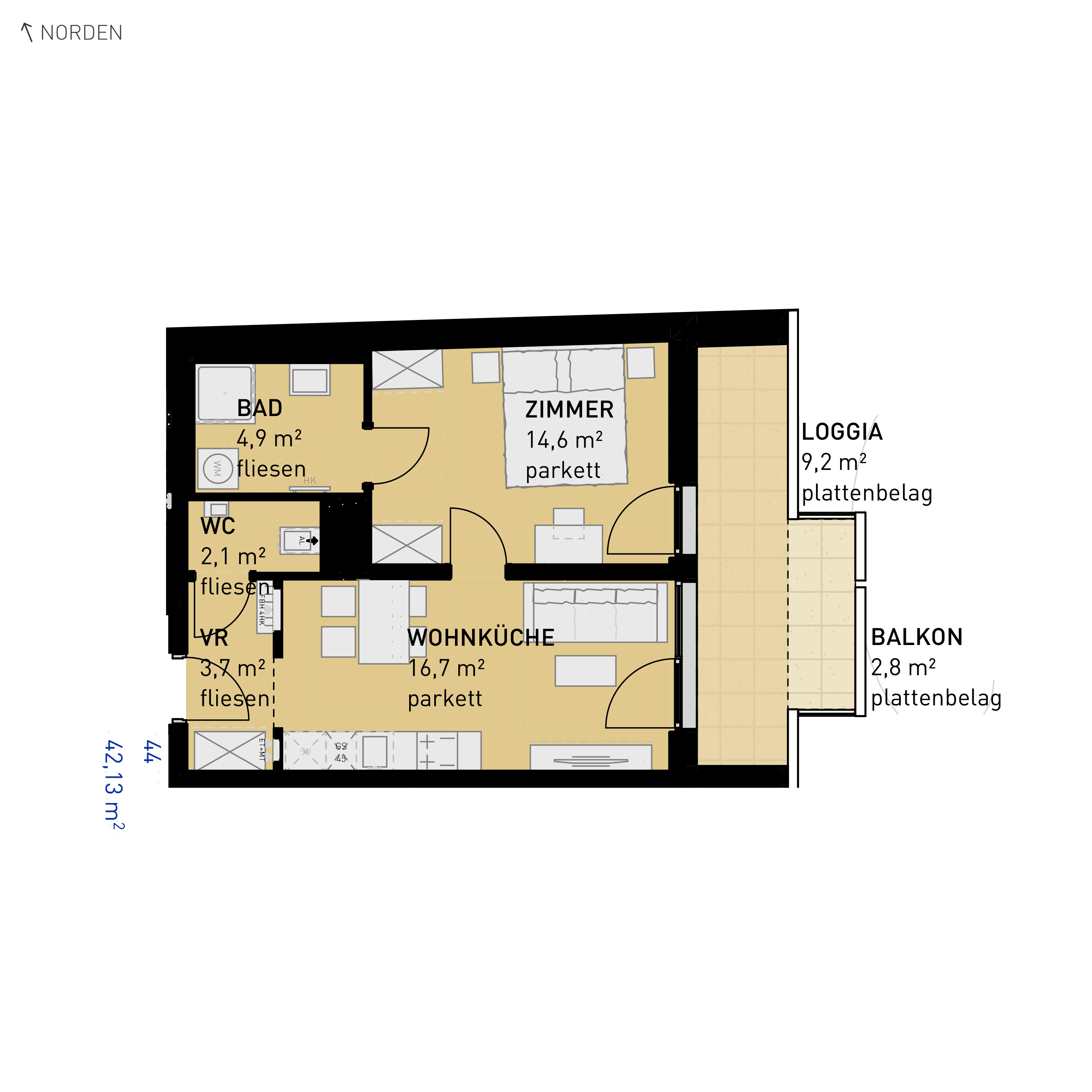 Grundriss Top 44 — Simmeringer Wohn(t)raum — 2 Zimmer — 42,1 m² — 2nd floor — O/S
