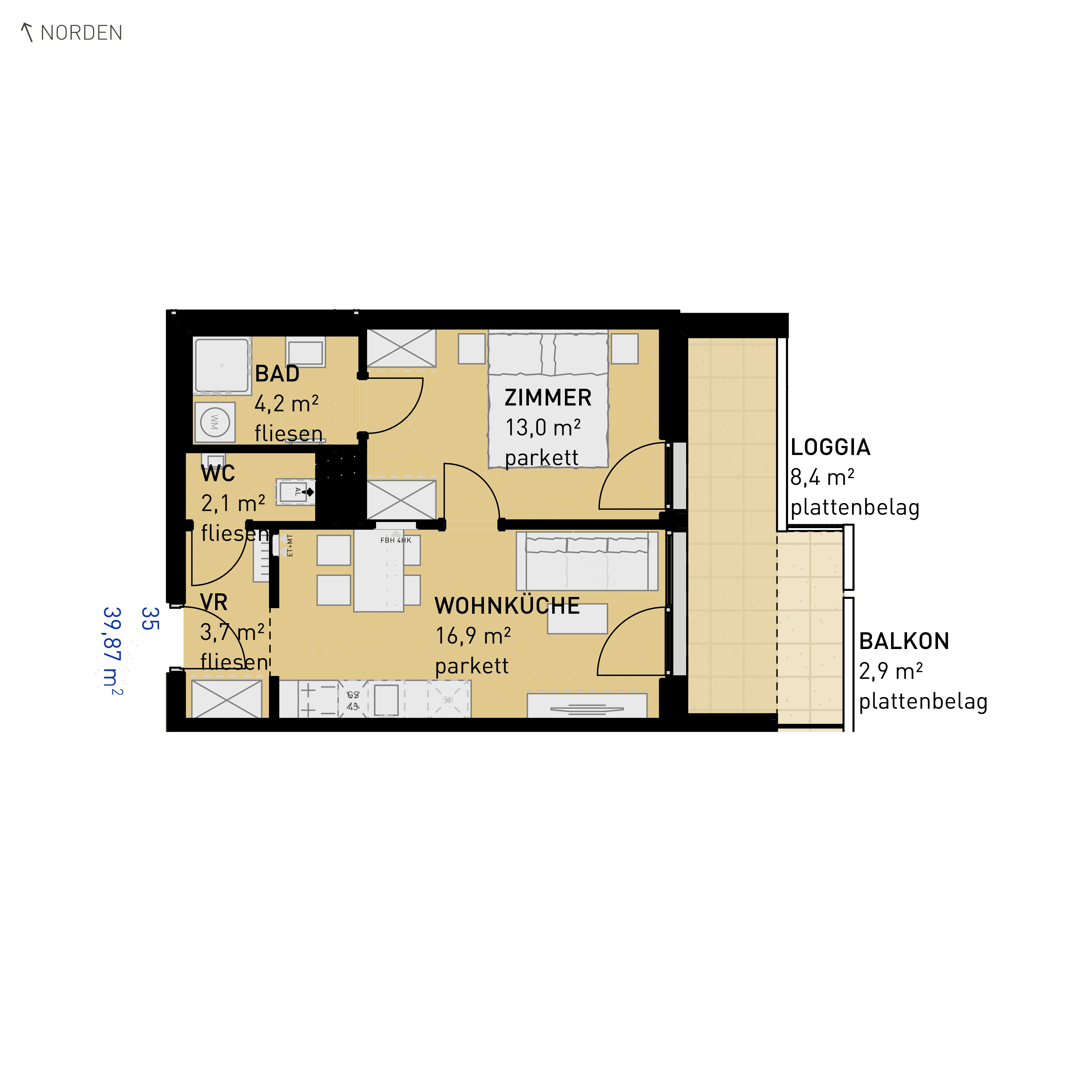 Grundriss Top 35 — Simmeringer Wohn(t)raum — 2 Zimmer — 39,9 m² — 2nd floor — O/S