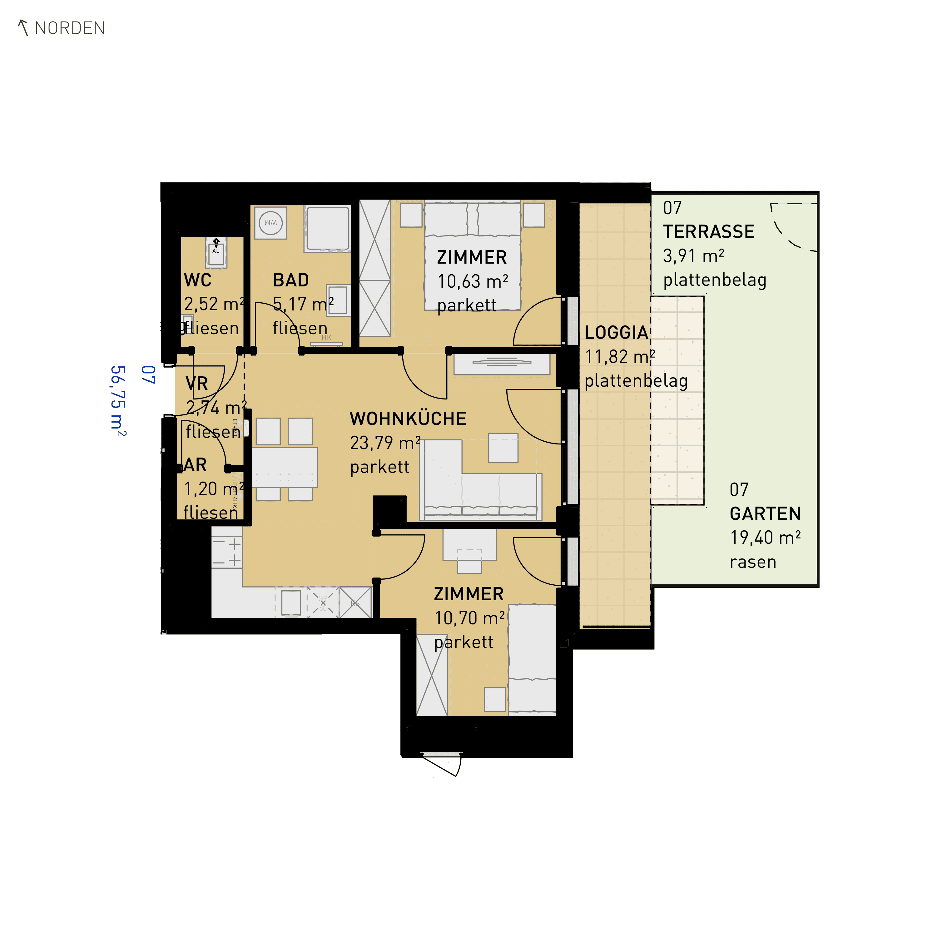 Grundriss Top 07 — Simmeringer Wohn(t)raum — 3 Zimmer — 56,8 m² — Ground floor — O/S
