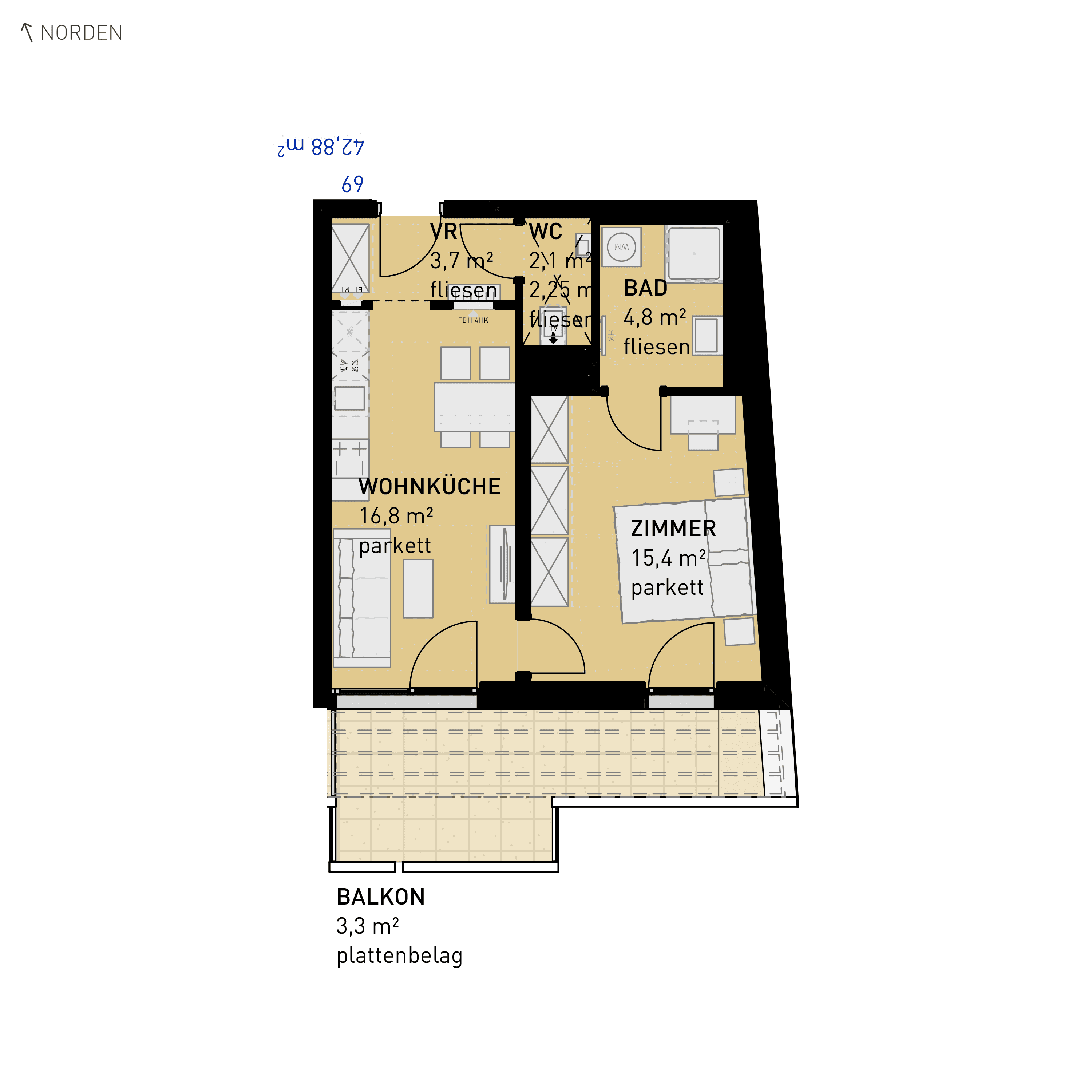 Grundriss Top 69 — Simmeringer Wohn(t)raum — 2 Zimmer — 42,9 m² — 3rd floor — S/W