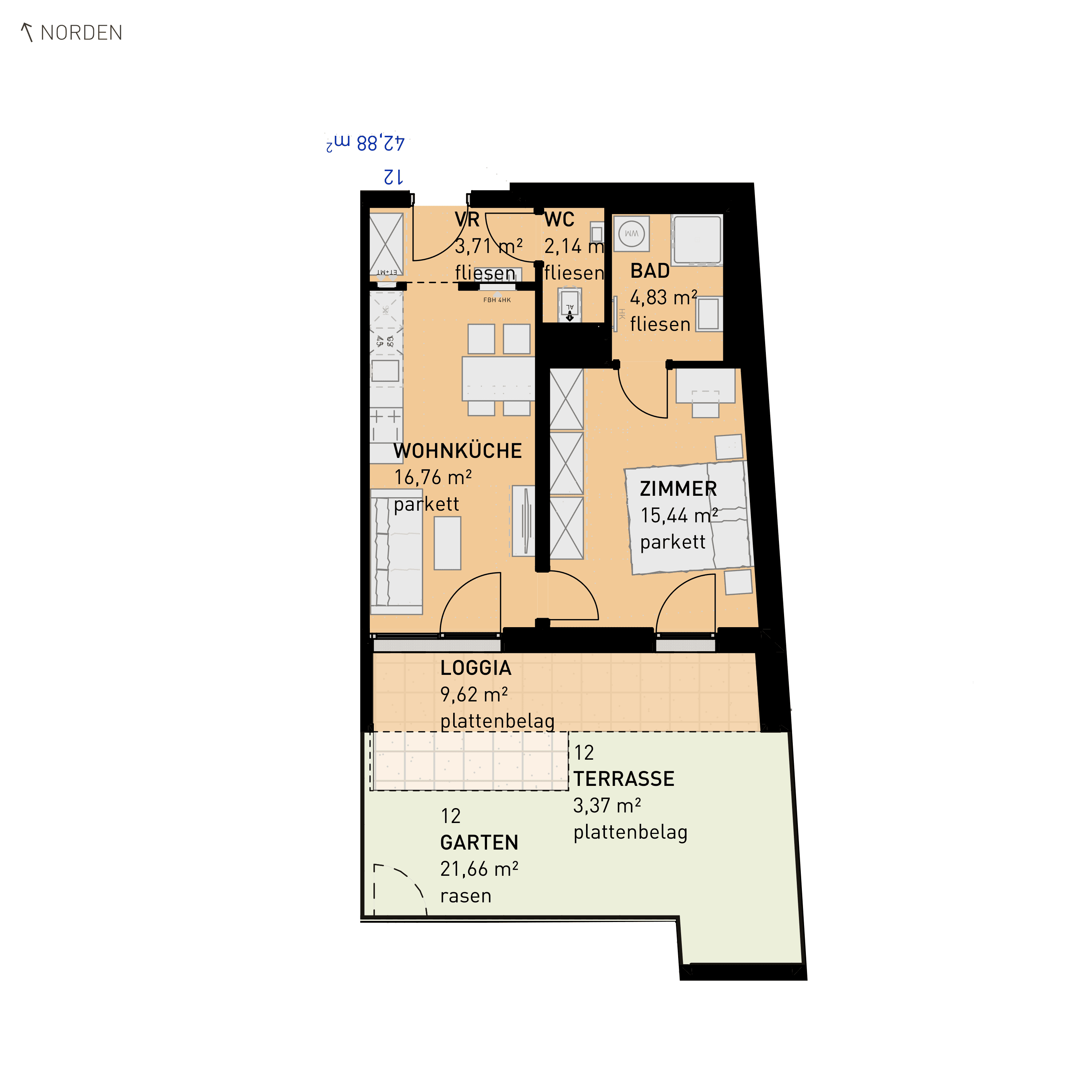 Grundriss Top 12 — Simmeringer Wohn(t)raum — 2 Zimmer — 42,9 m² — Ground floor — S/W