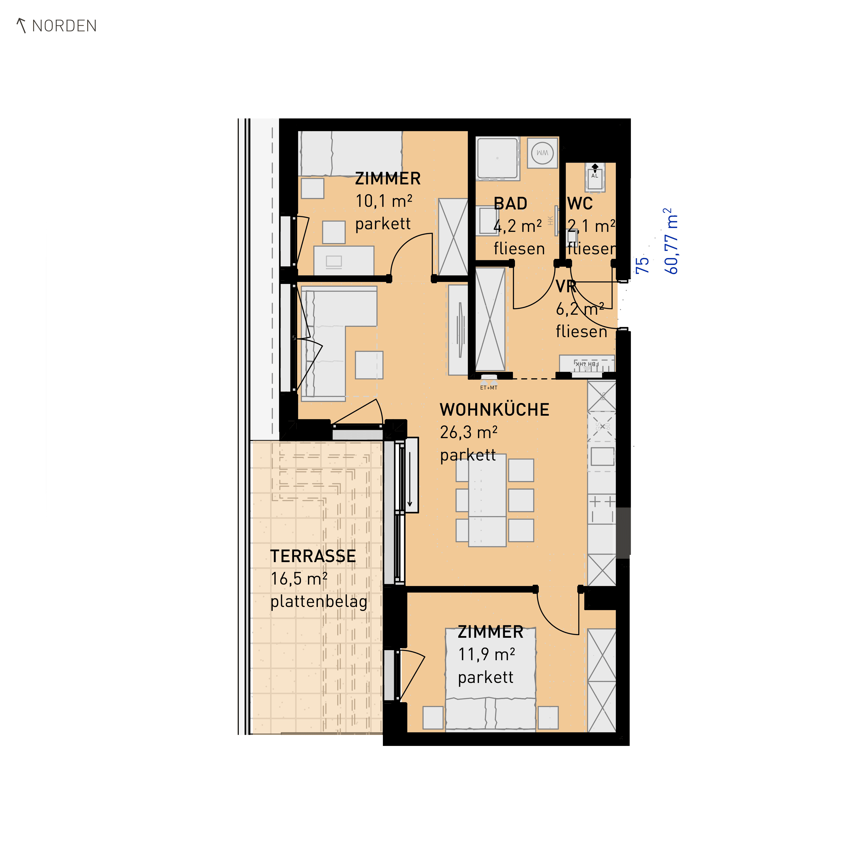 Grundriss Top 75 — Simmeringer Wohn(t)raum — 3 Zimmer — 60,8 m² — 4th floor — N/W