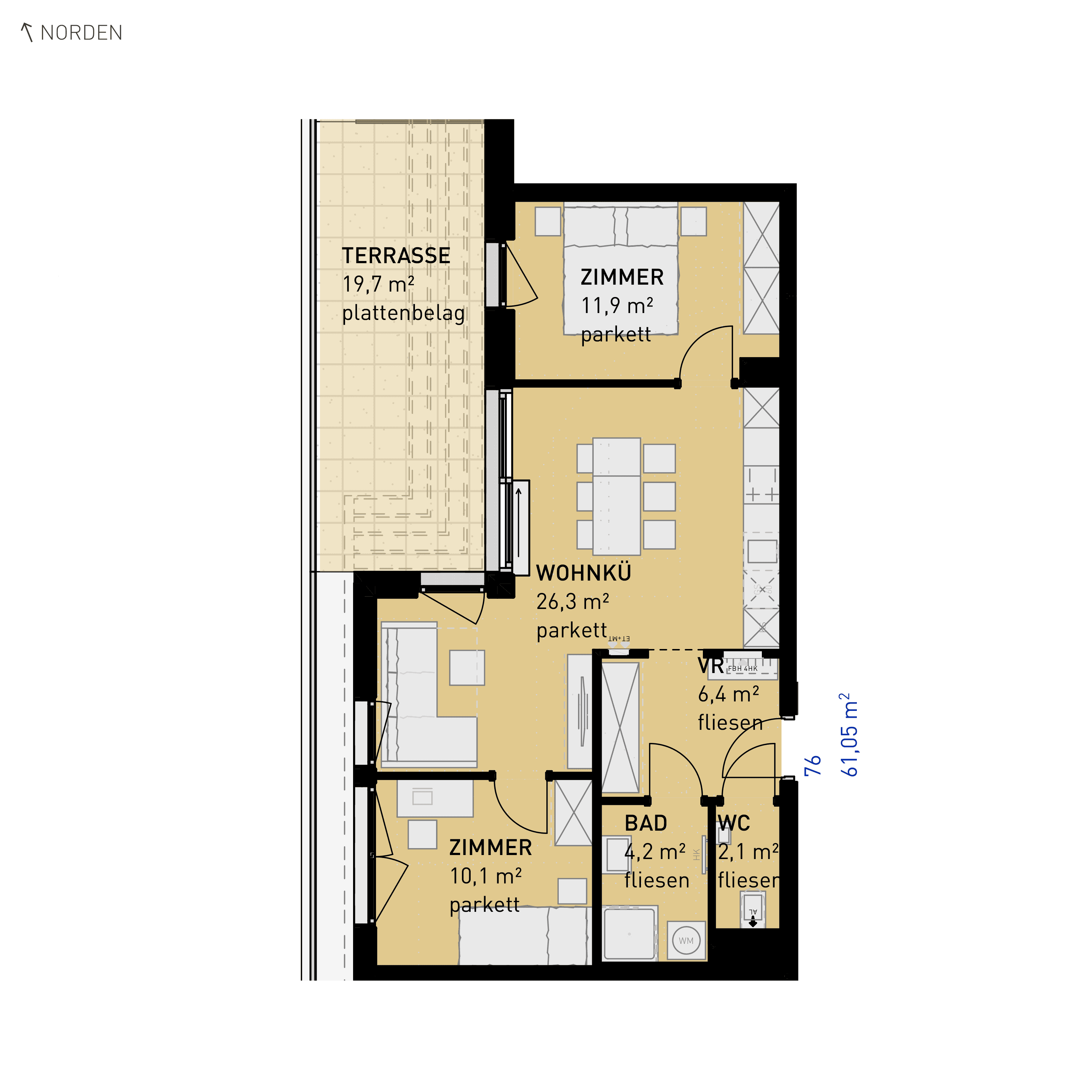 Grundriss Top 76 — Simmeringer Wohn(t)raum — 3 Zimmer — 61,1 m² — 4th floor — N/W