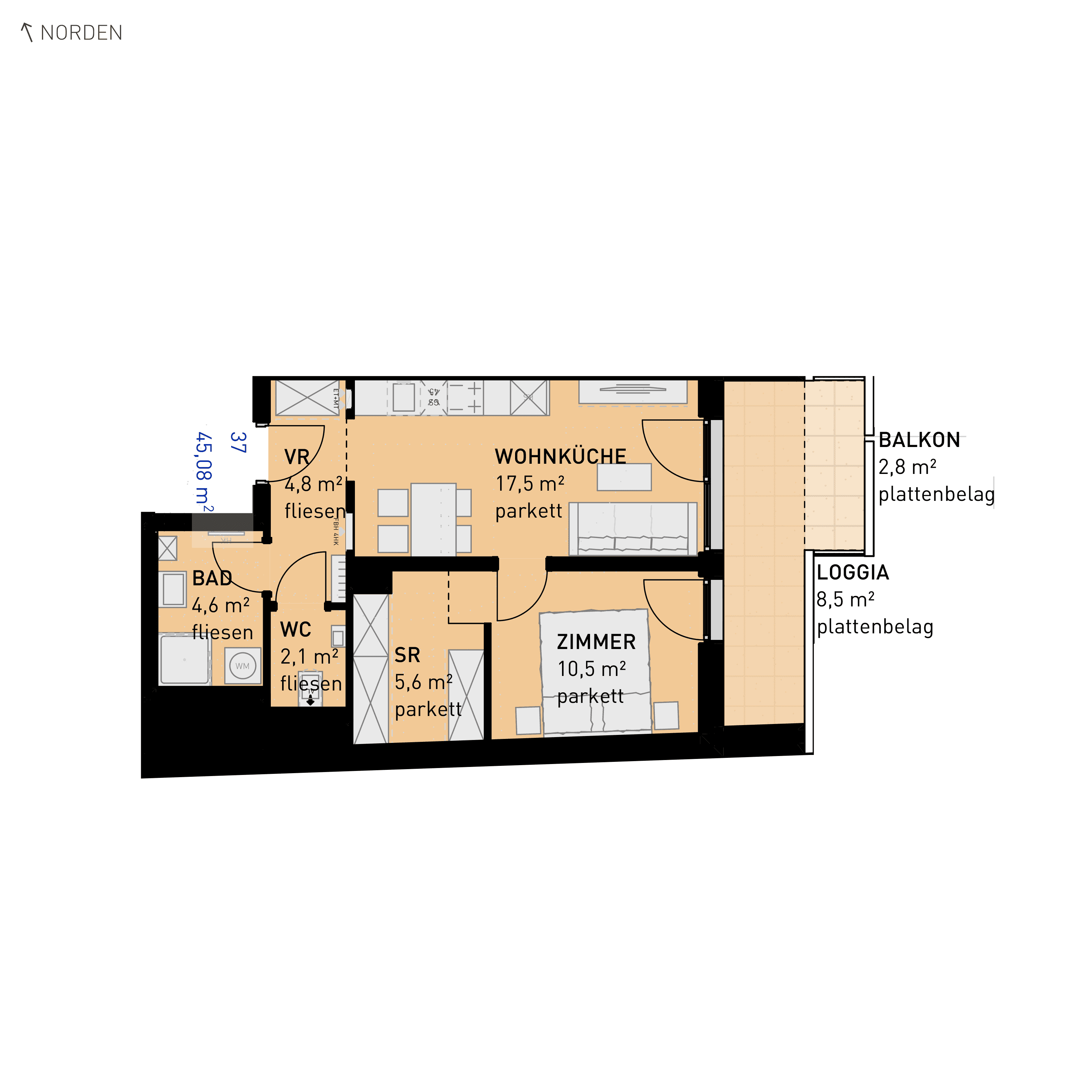 Grundriss Top 37 — Simmeringer Wohn(t)raum — 2 Zimmer — 45,1 m² — 2nd floor — O/S