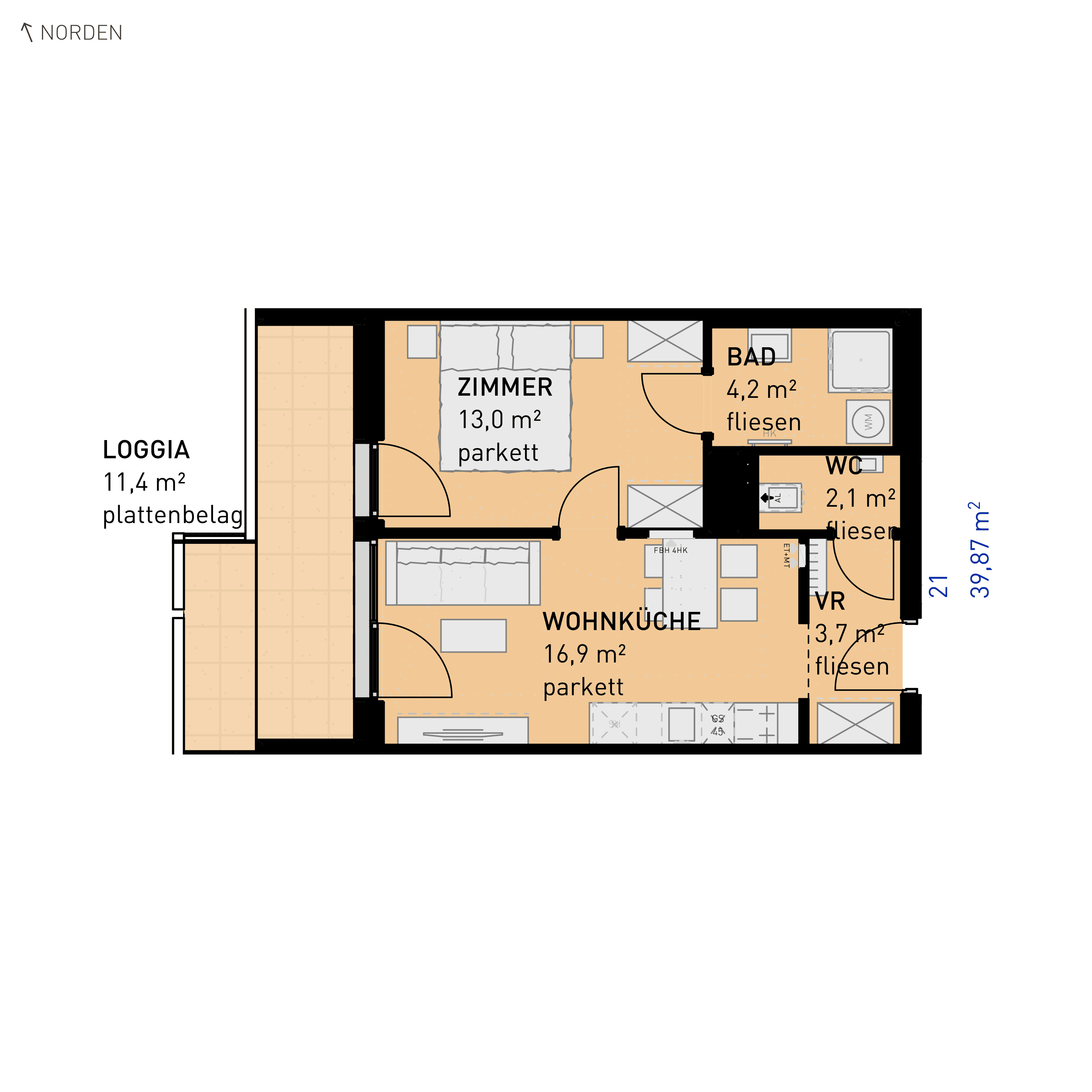 Grundriss Top 21 — Simmeringer Wohn(t)raum — 2 Zimmer — 39,9 m² — 1st floor — N/W