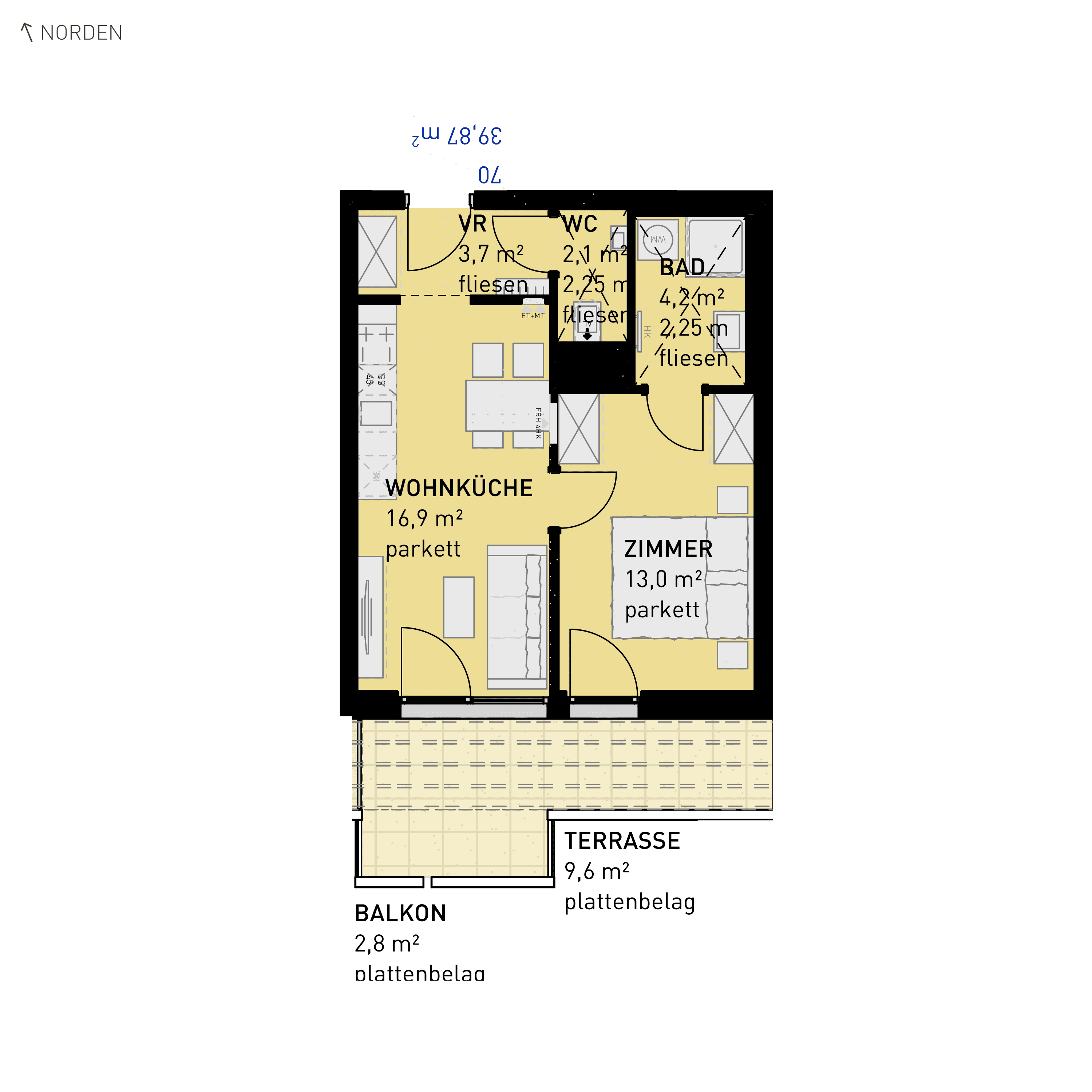 Grundriss Top 70 — Simmeringer Wohn(t)raum — 2 Zimmer — 39,9 m² — 3rd floor — S/W