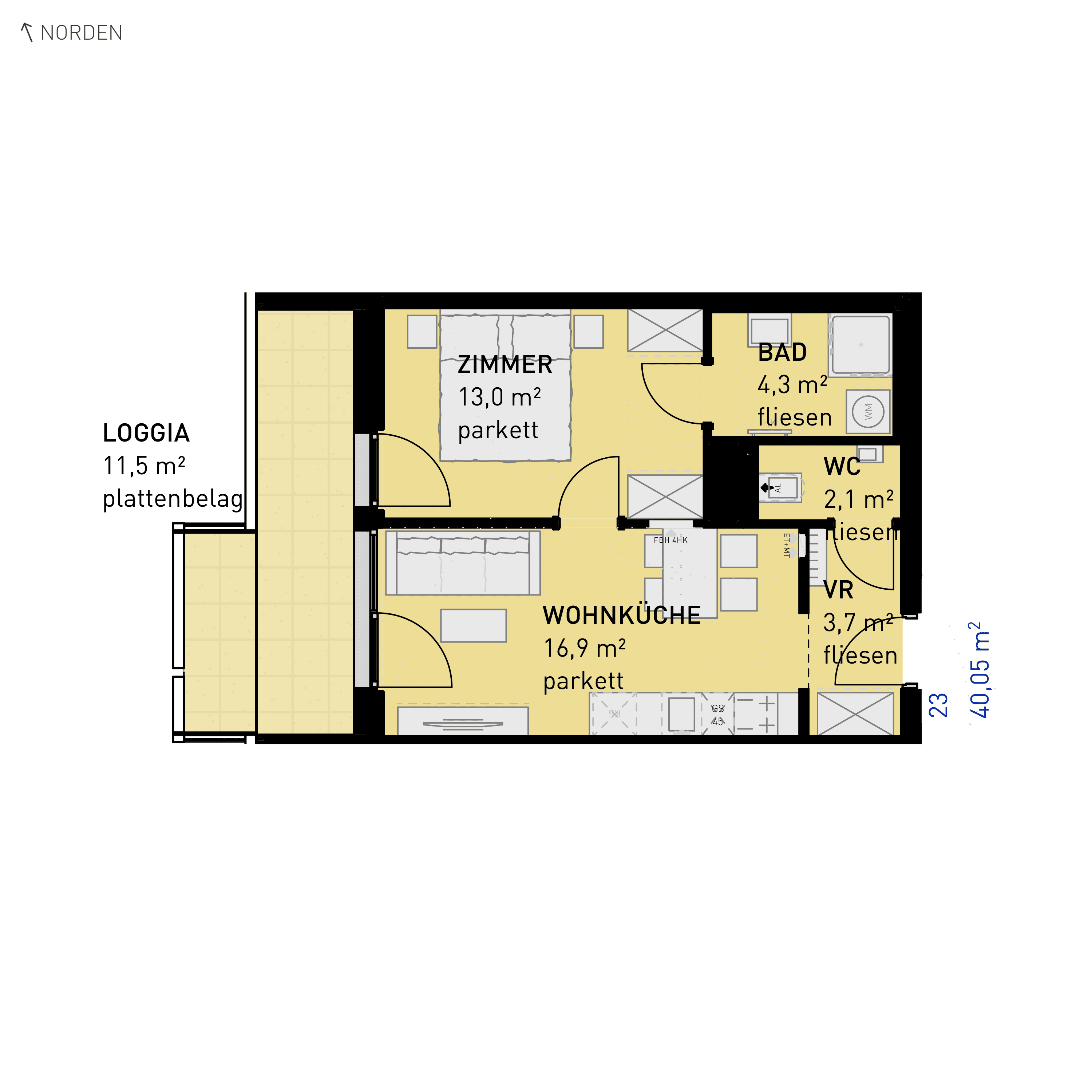 Grundriss Top 23 — Simmeringer Wohn(t)raum — 2 Zimmer — 40,1 m² — 1st floor — N/W