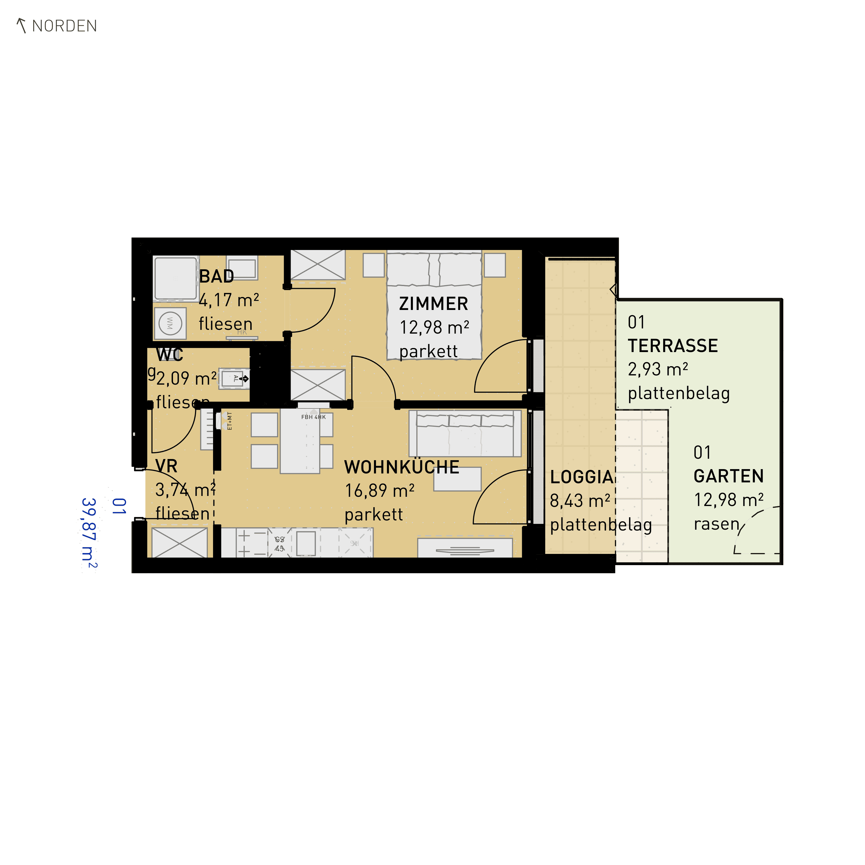 Grundriss Top 01 — Simmeringer Wohn(t)raum — 2 Zimmer — 39,9 m² — Ground floor — O/S