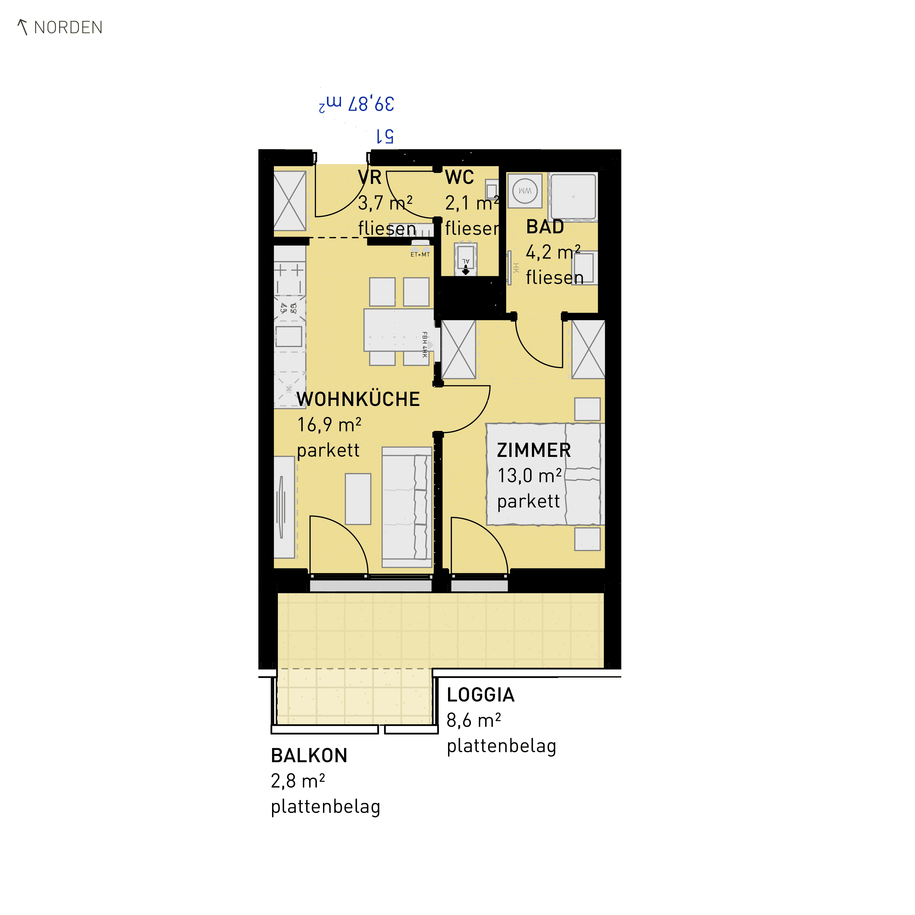 Grundriss Top 51 — Simmeringer Wohn(t)raum — 2 Zimmer — 39,9 m² — 2nd floor — S/W