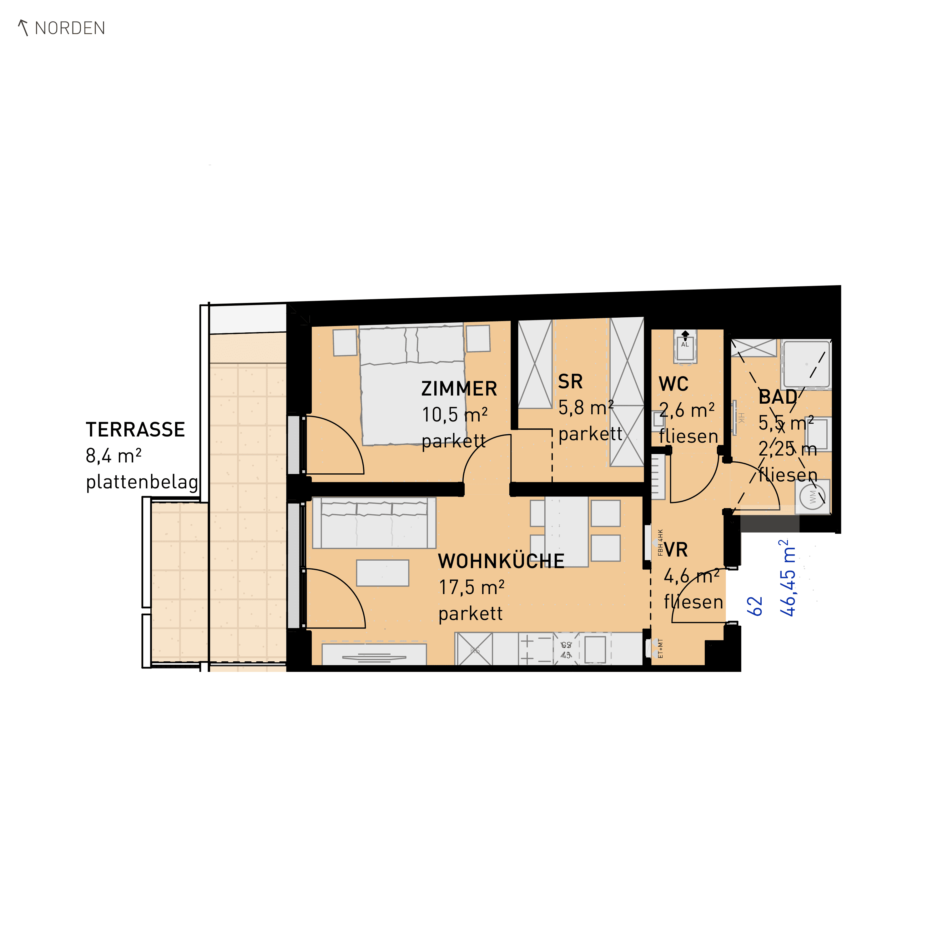 Grundriss Top 62 — Simmeringer Wohn(t)raum — 2 Zimmer — 46,5 m² — 3rd floor — N/W