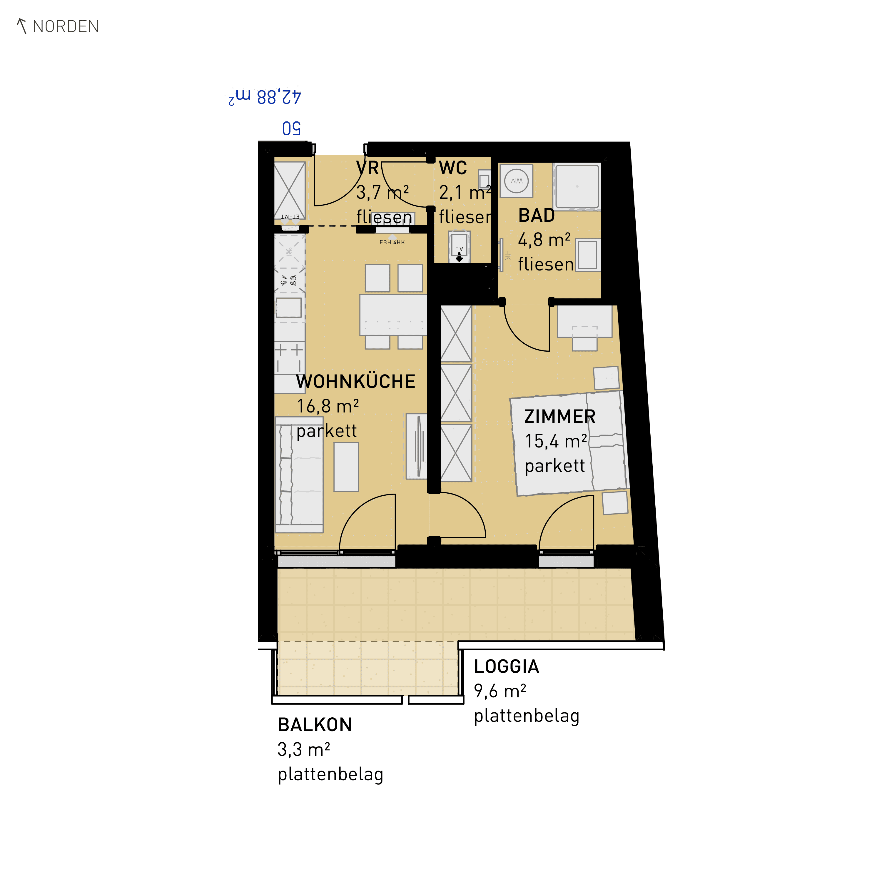 Grundriss Top 50 — Simmeringer Wohn(t)raum — 2 Zimmer — 42,9 m² — 2nd floor — S/W