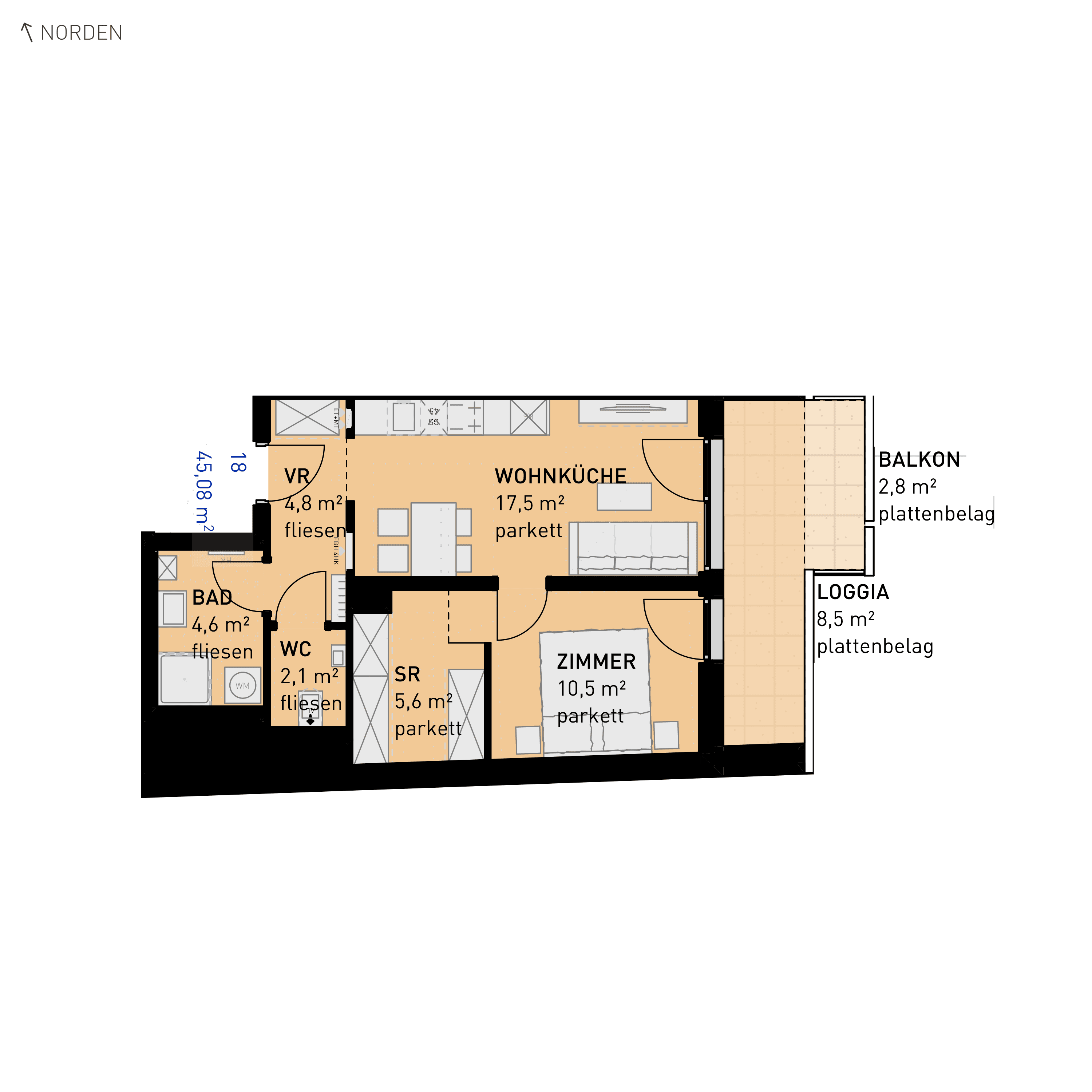 Grundriss Top 18 — Simmeringer Wohn(t)raum — 2 Zimmer — 45,1 m² — 1st floor — O/S