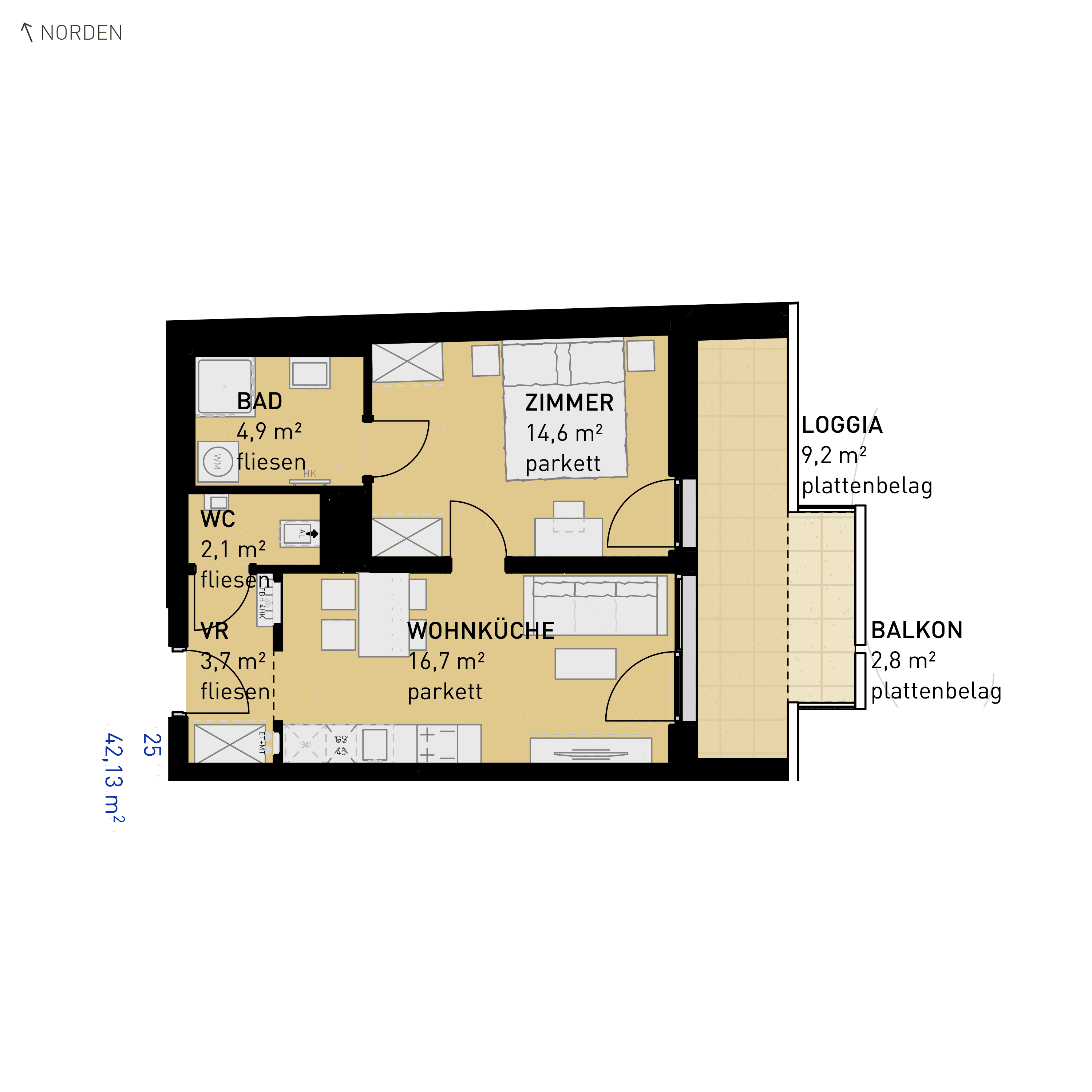 Grundriss Top 25 — Simmeringer Wohn(t)raum — 2 Zimmer — 42,1 m² — 1st floor — O/S
