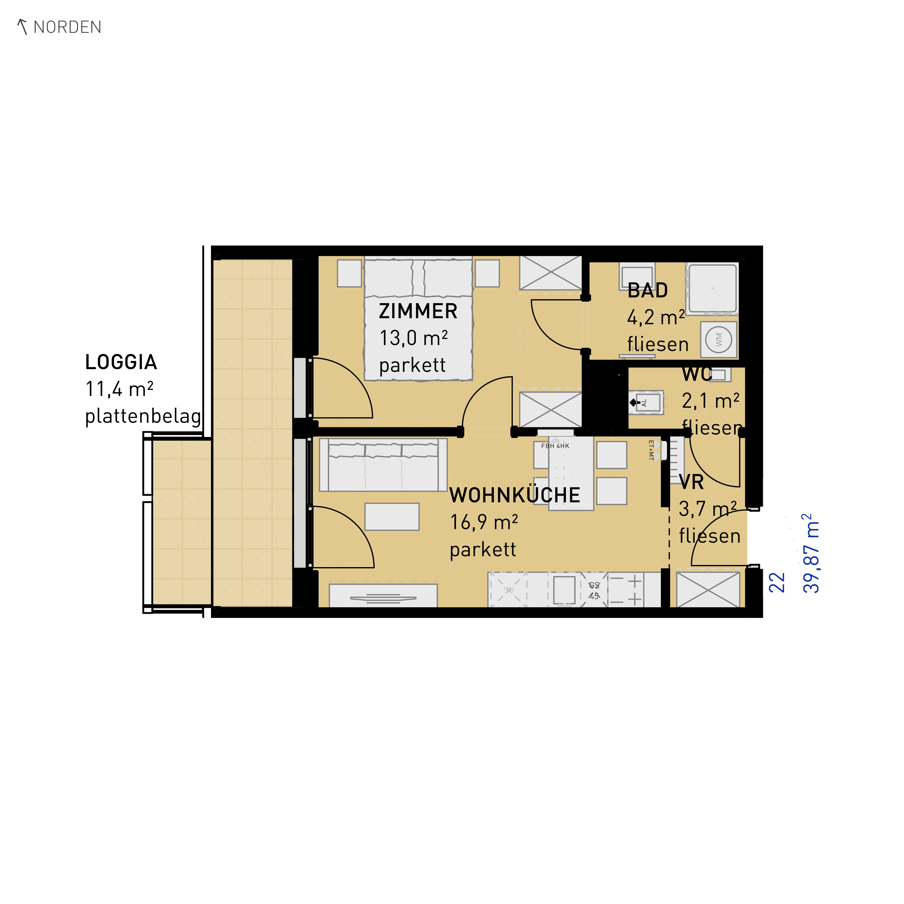 Grundriss Top 22 — Simmeringer Wohn(t)raum — 2 Zimmer — 39,9 m² — 1st floor — N/W