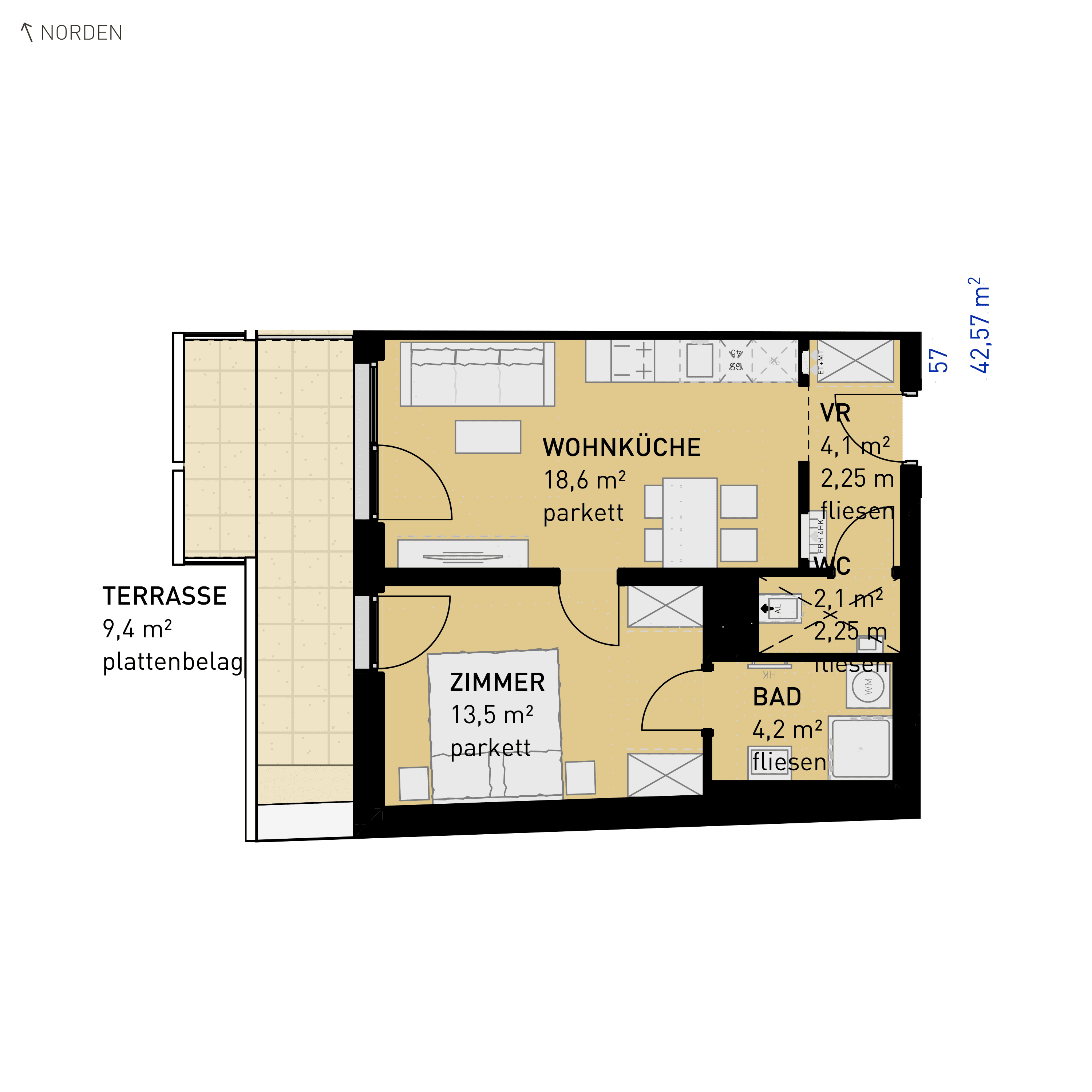 Grundriss Top 57 — Simmeringer Wohn(t)raum — 2 Zimmer — 42,6 m² — 3rd floor — N/W