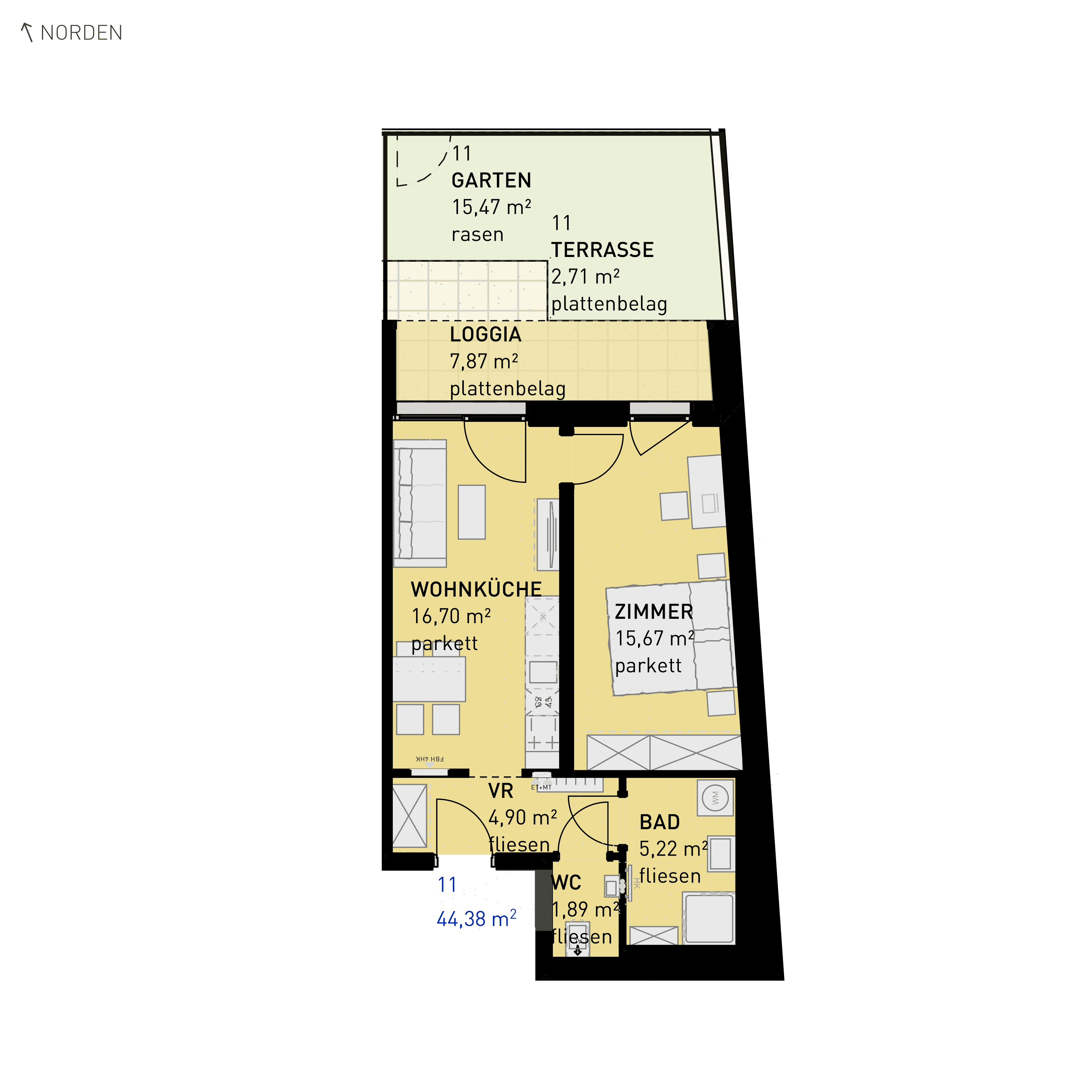 Grundriss Top 11 — Simmeringer Wohn(t)raum — 2 Zimmer — 44,4 m² — Ground floor — N/O