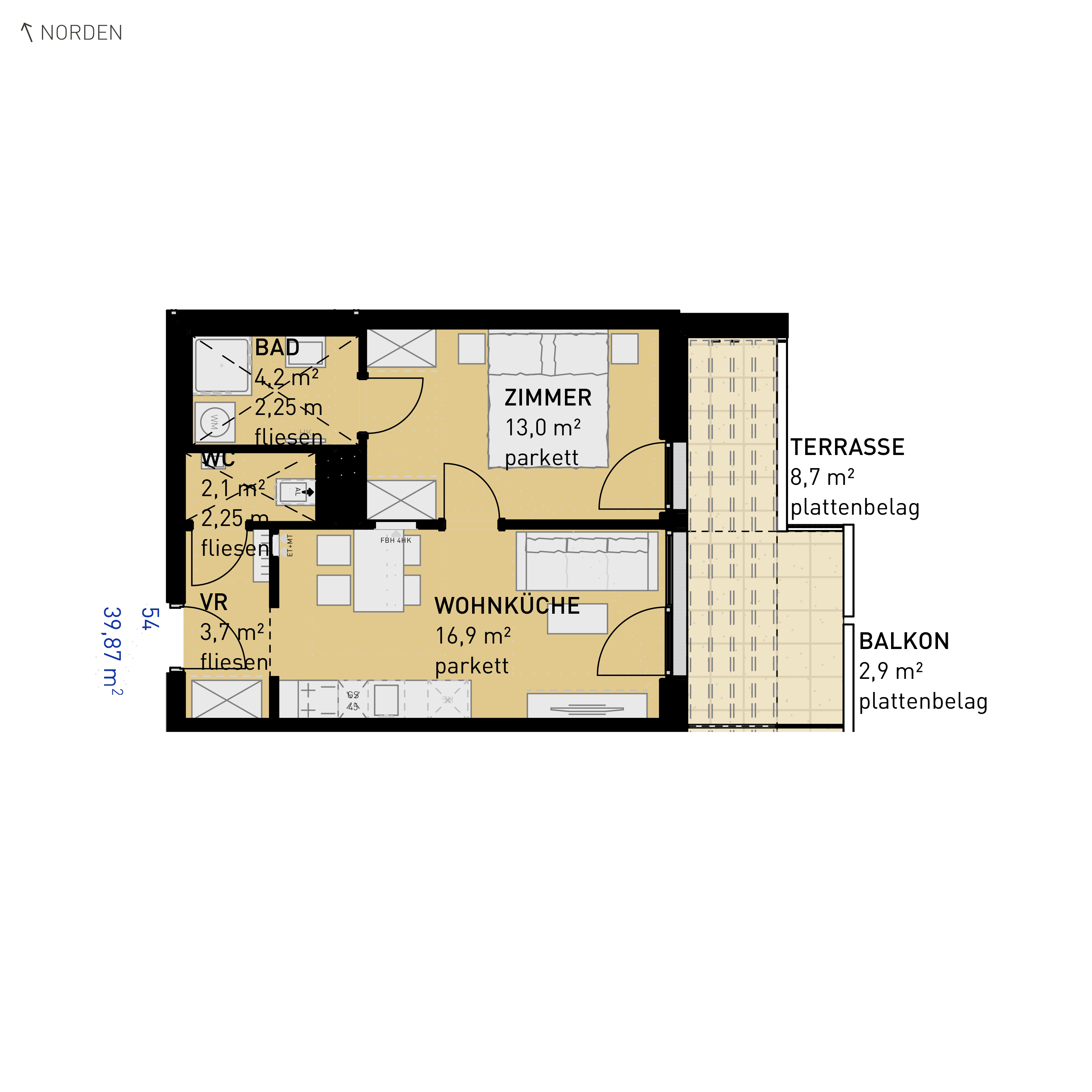 Grundriss Top 54 — Simmeringer Wohn(t)raum — 2 Zimmer — 39,9 m² — 3rd floor — O/S