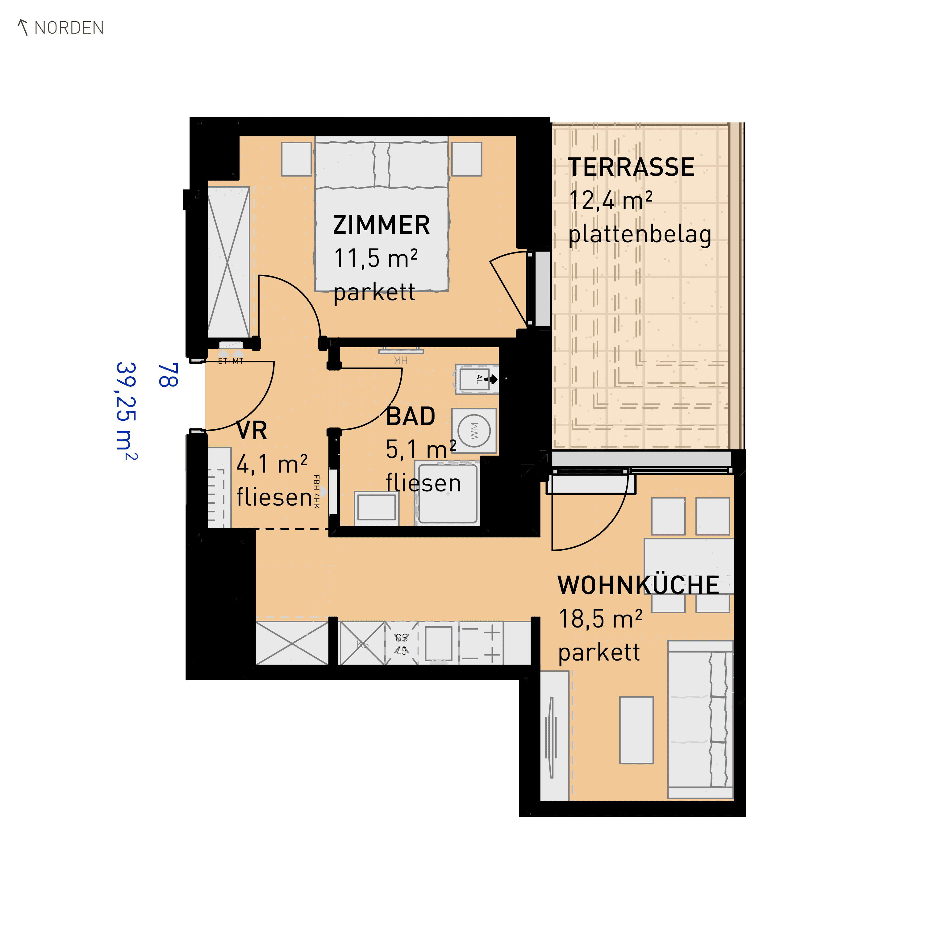 Grundriss Top 78 — Simmeringer Wohn(t)raum — 2 Zimmer — 39,3 m² — 4th floor — N/O