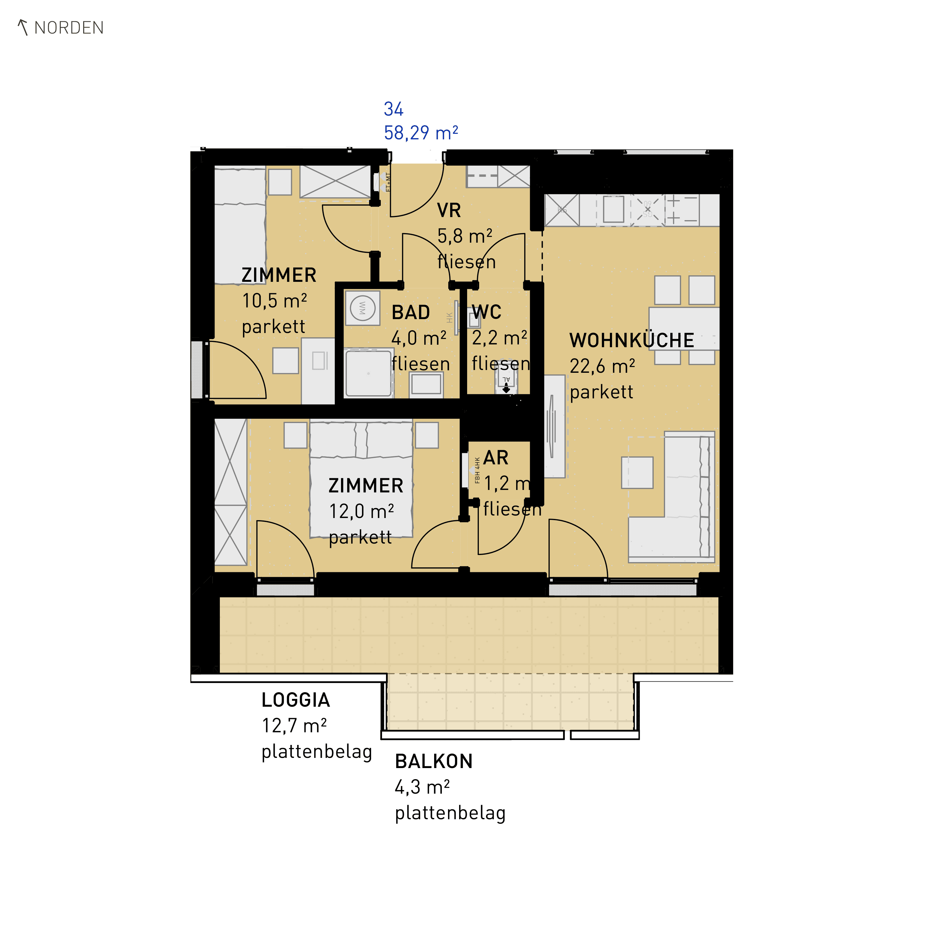 Grundriss Top 34 — Simmeringer Wohn(t)raum — 3 Zimmer — 58,3 m² — 1st floor — S/W