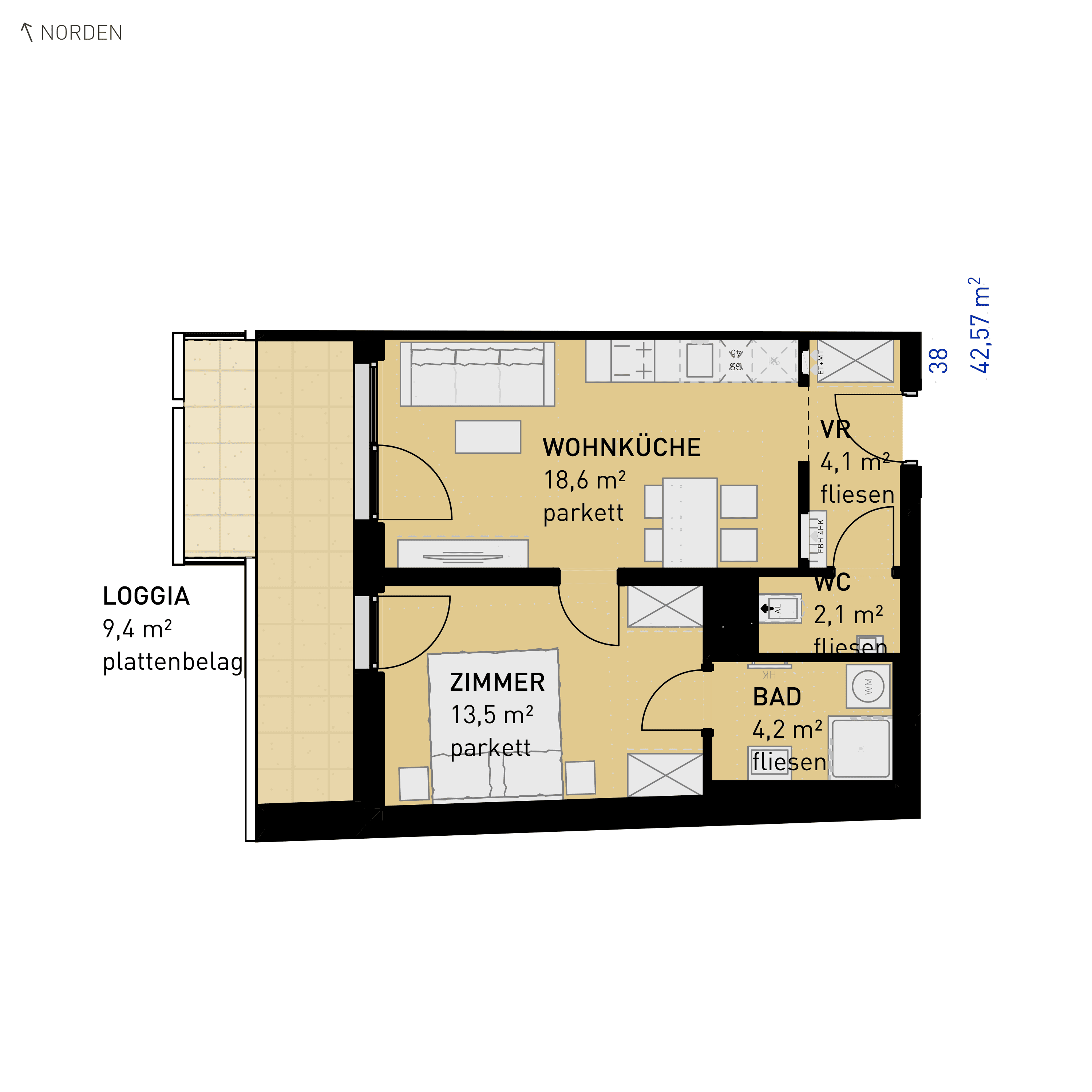 Grundriss Top 38 — Simmeringer Wohn(t)raum — 2 Zimmer — 42,6 m² — 2nd floor — N/W