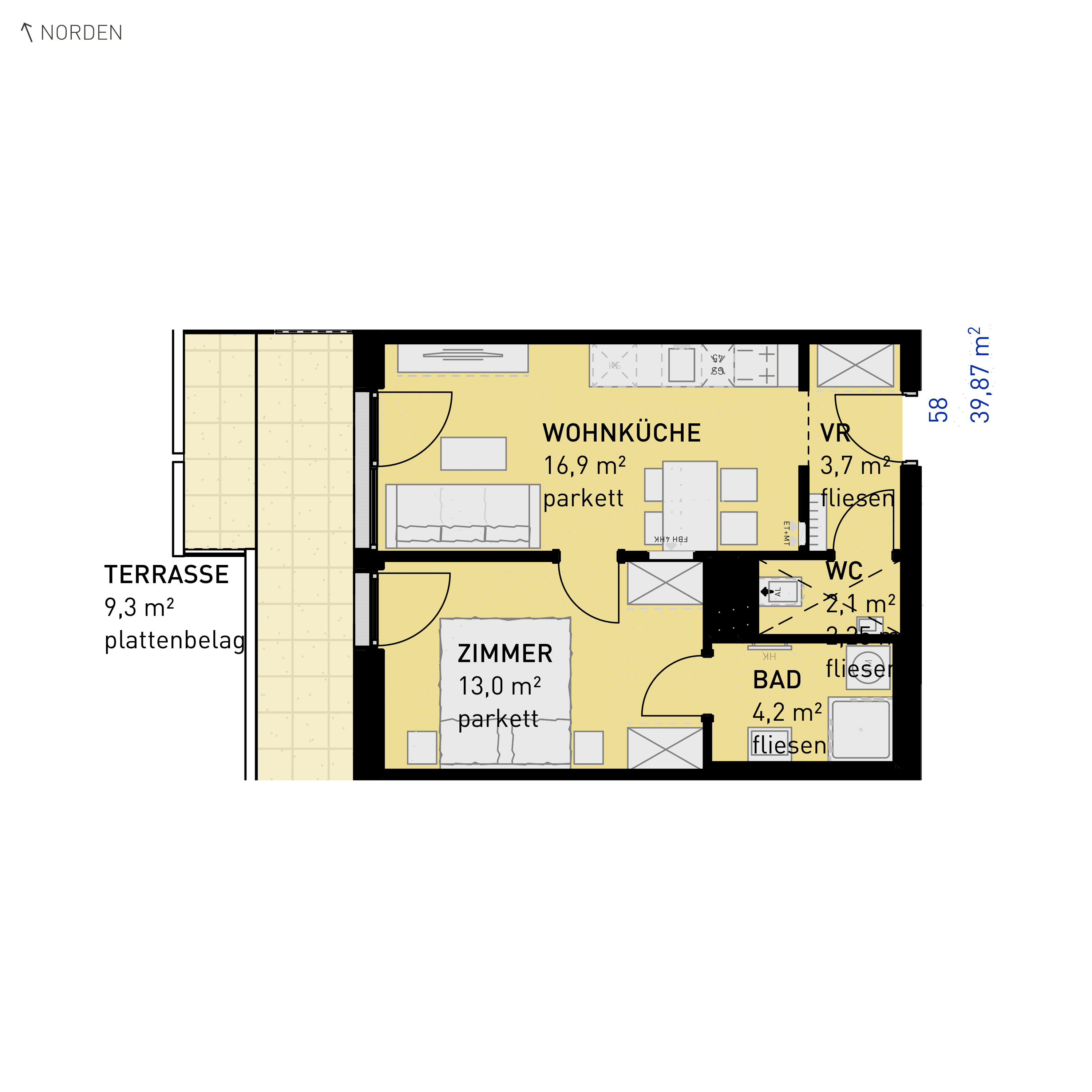 Grundriss Top 58 — Simmeringer Wohn(t)raum — 2 Zimmer — 39,9 m² — 3rd floor — N/W