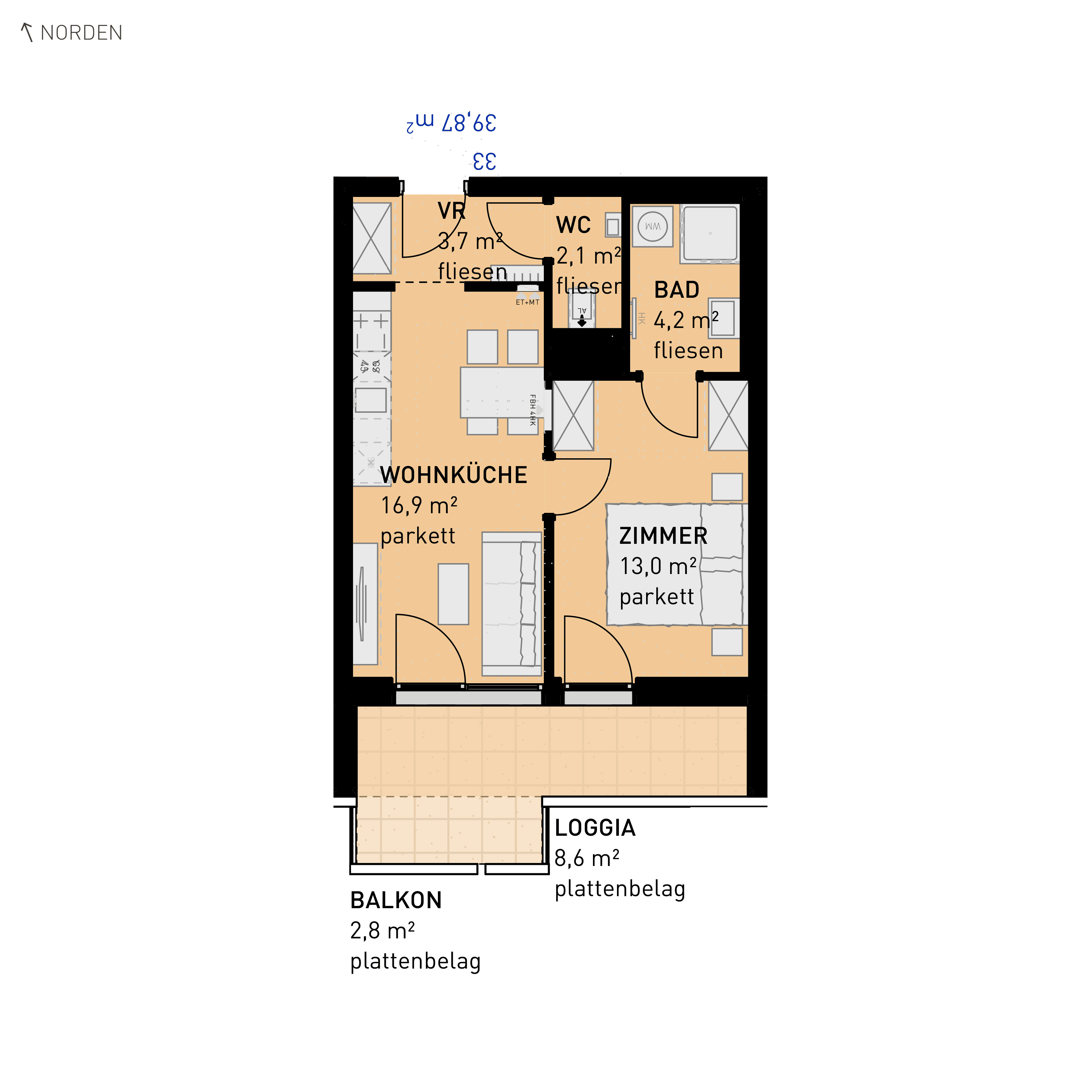 Grundriss Top 33 — Simmeringer Wohn(t)raum — 2 Zimmer — 39,9 m² — 1st floor — S/W