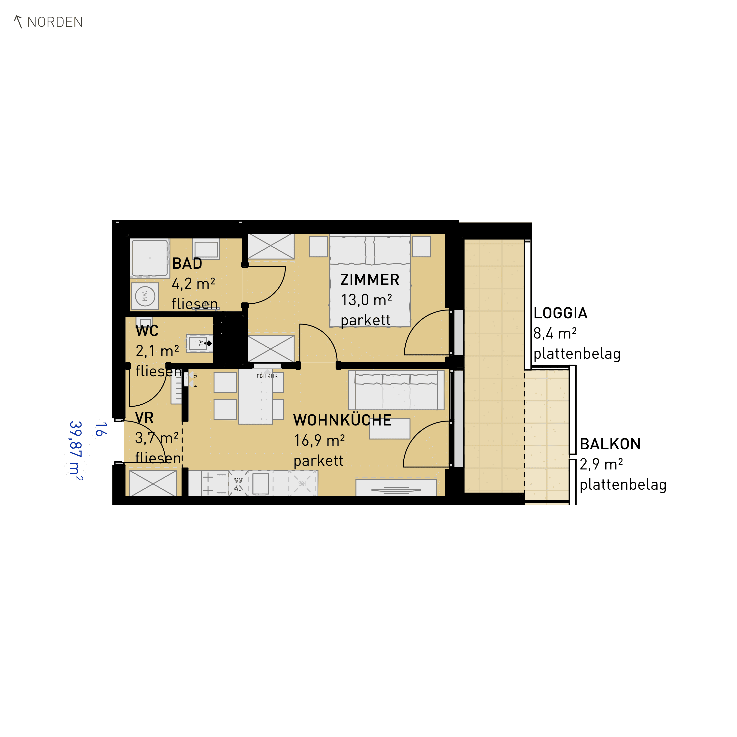 Grundriss Top 16 — Simmeringer Wohn(t)raum — 2 Zimmer — 39,9 m² — 1st floor — O/S