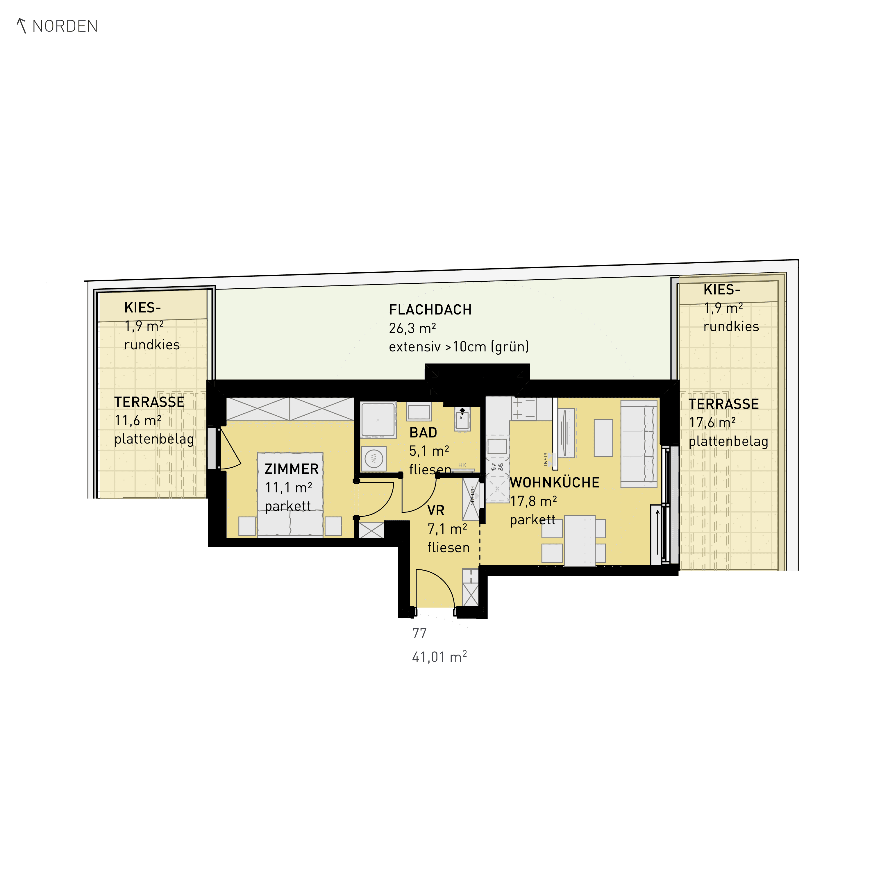 Grundriss Top 77 — Simmeringer Wohn(t)raum — 2 Zimmer — 41 m² — 4th floor — O/S