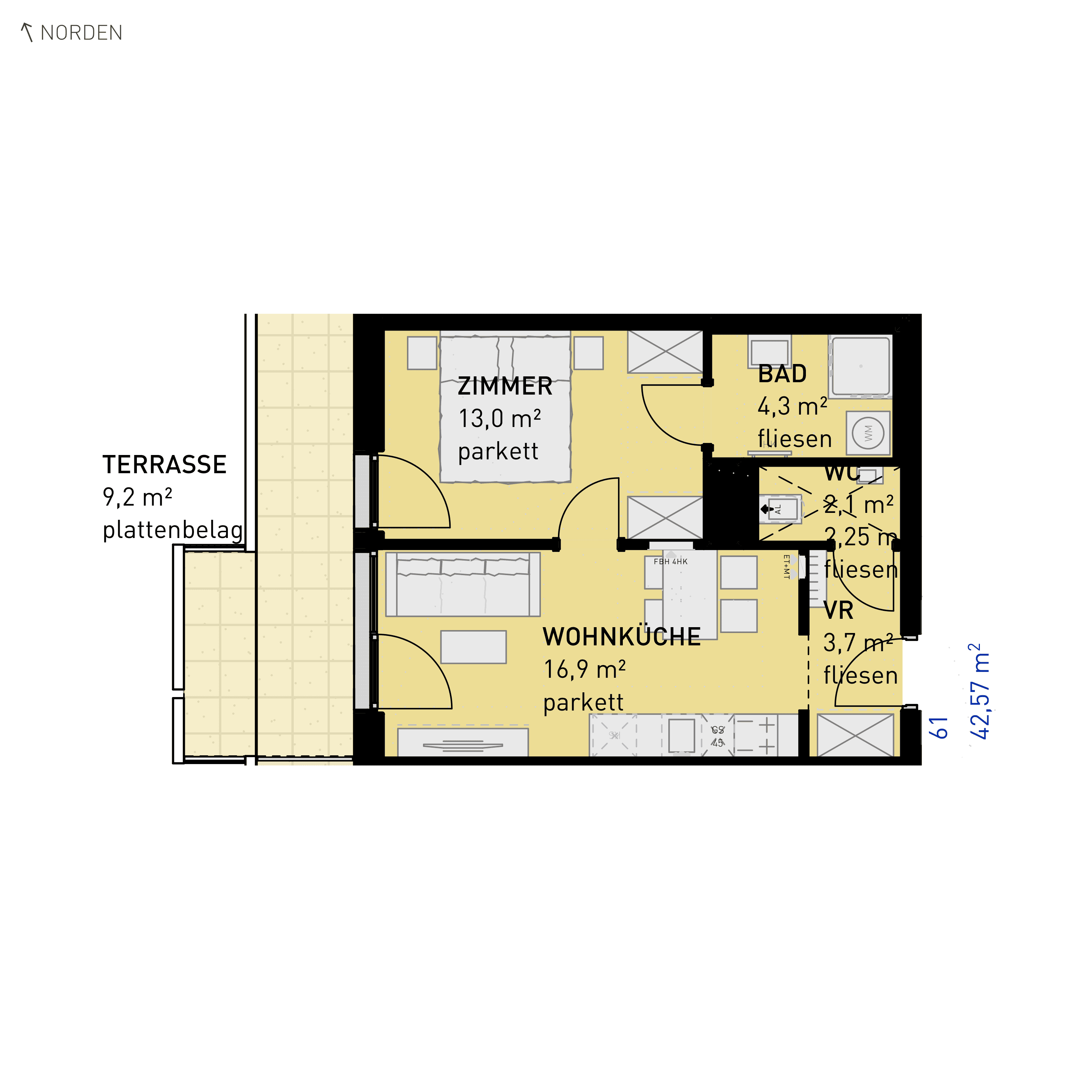 Grundriss Top 61 — Simmeringer Wohn(t)raum — 2 Zimmer — 42,6 m² — 3rd floor — N/W