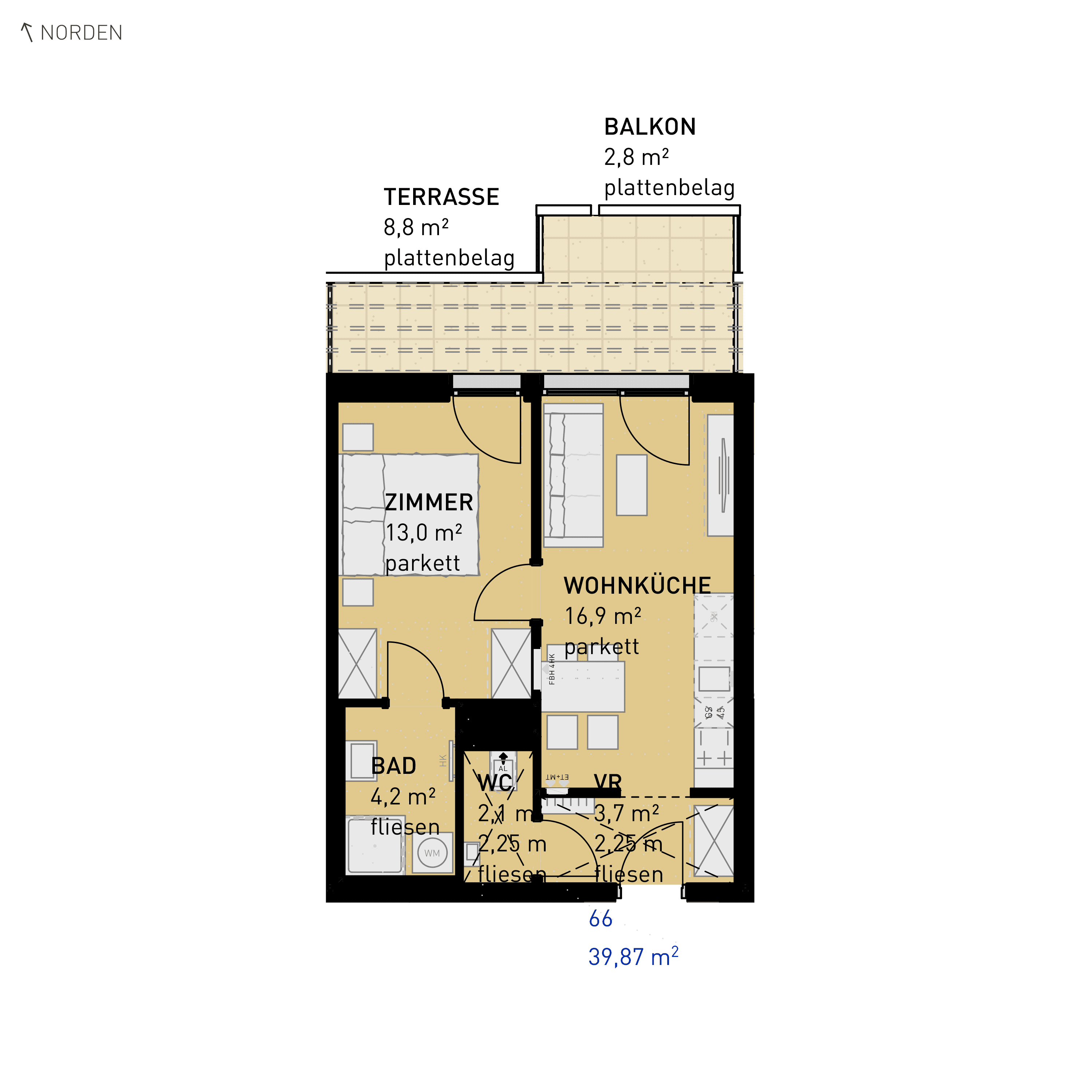 Grundriss Top 66 — Simmeringer Wohn(t)raum — 2 Zimmer — 39,9 m² — 3rd floor — N/O