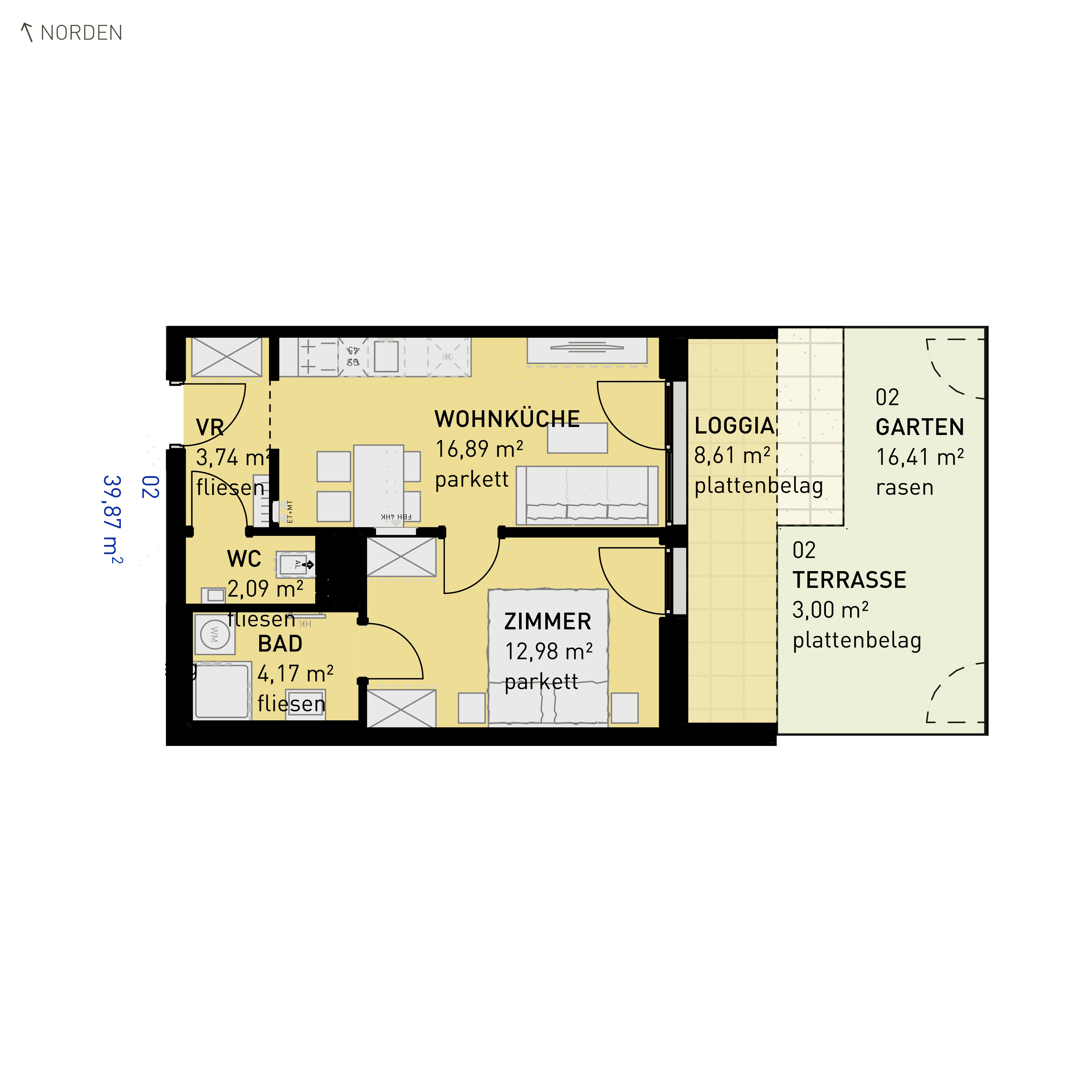 Grundriss Top 02 — Simmeringer Wohn(t)raum — 2 Zimmer — 39,9 m² — Ground floor — O/S