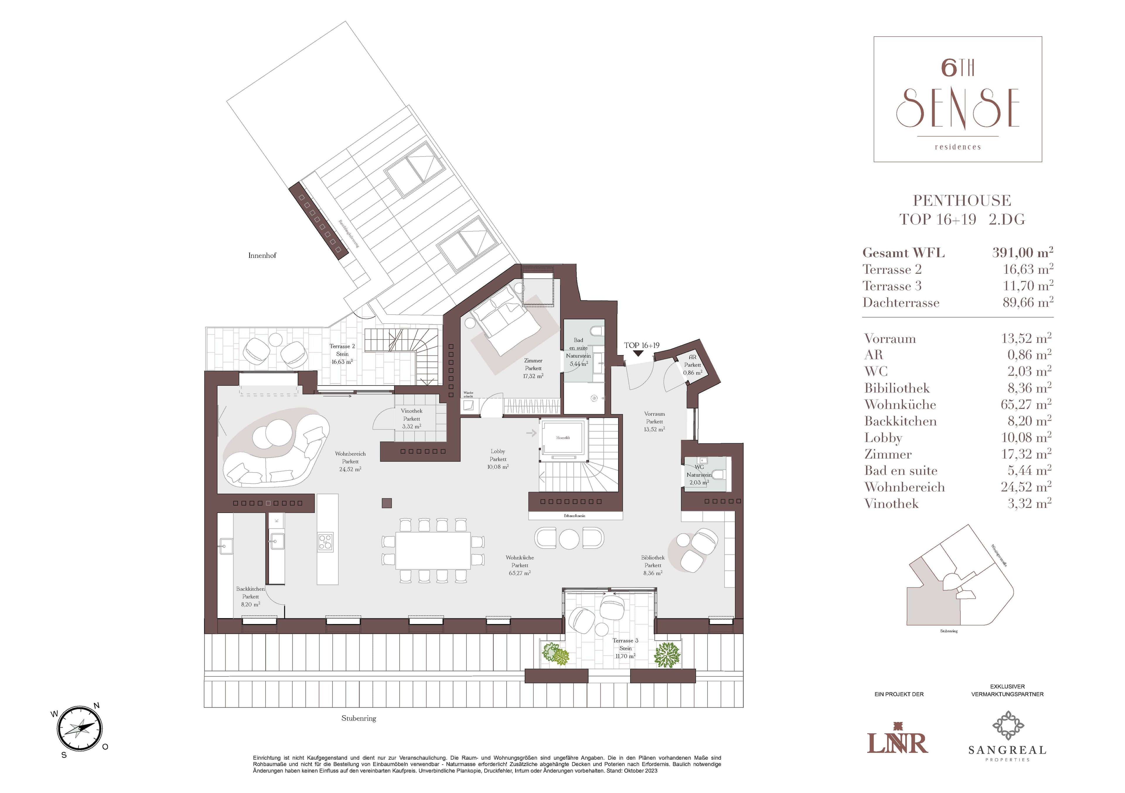 Grundriss Top 16+19 — SIXTH SENSE Residences — 6 Zimmer — 391 m² — 1st floor / 2nd floor / Penthouse — Stephansdom, Urania, Wiener Skyline — Grundriss 2/3