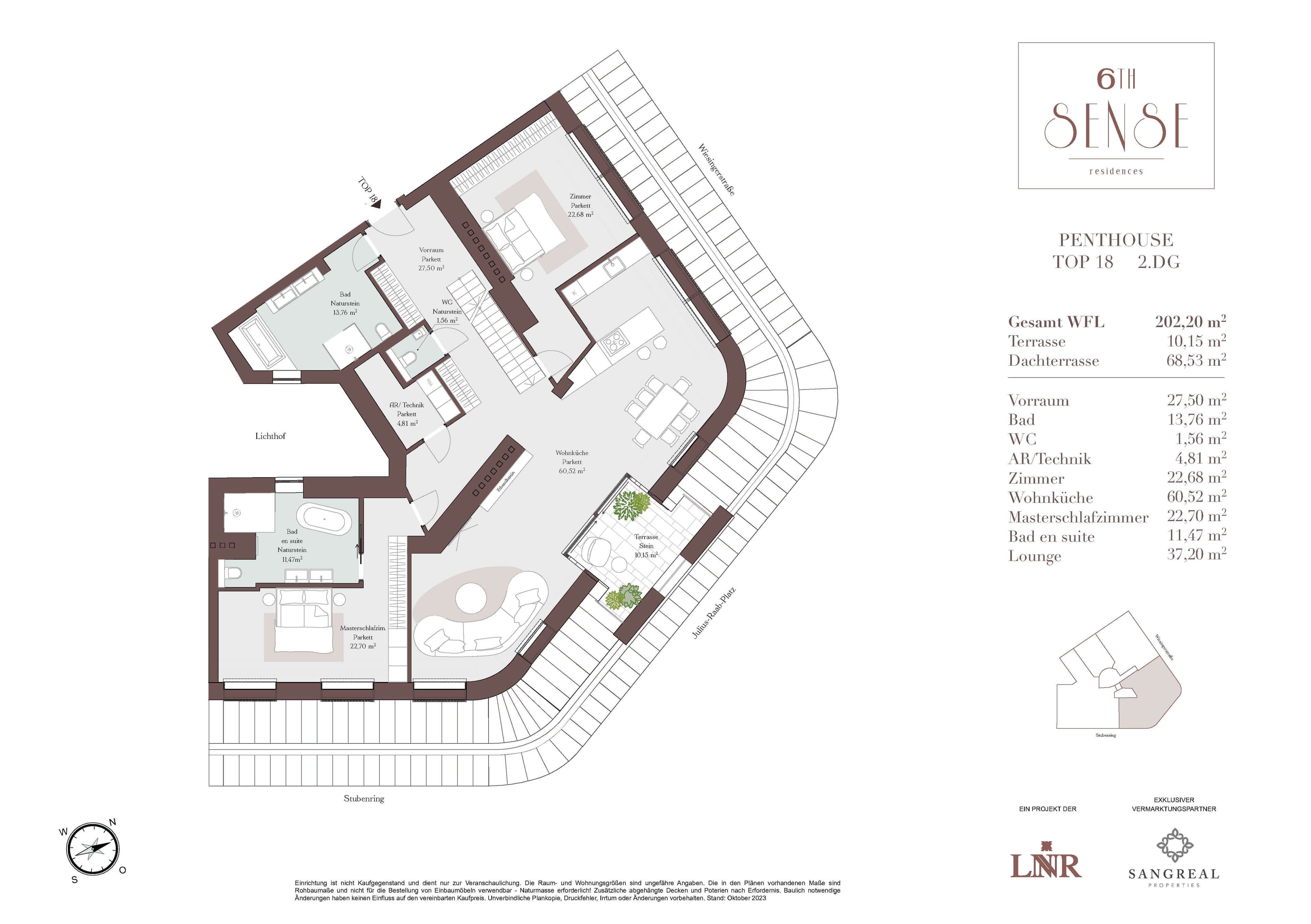 Grundriss Top 18 — SIXTH SENSE Residences — 4 Zimmer — 202 m² — 2nd floor / Penthouse — Stephansdom, Wiener Skyline — Grundriss 1/2