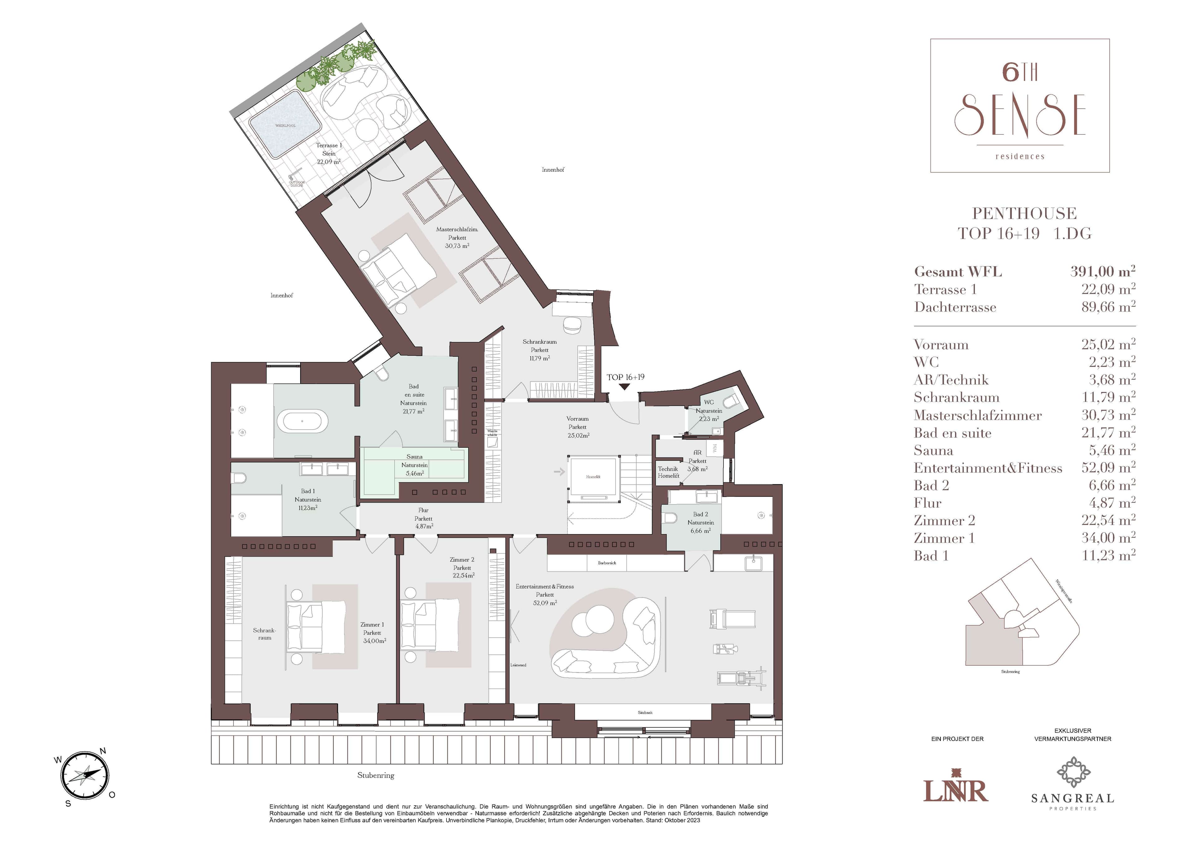 Grundriss Top 16+19 — SIXTH SENSE Residences — 6 Zimmer — 391 m² — 1st floor / 2nd floor / Penthouse — Stephansdom, Urania, Wiener Skyline — Grundriss 1/3