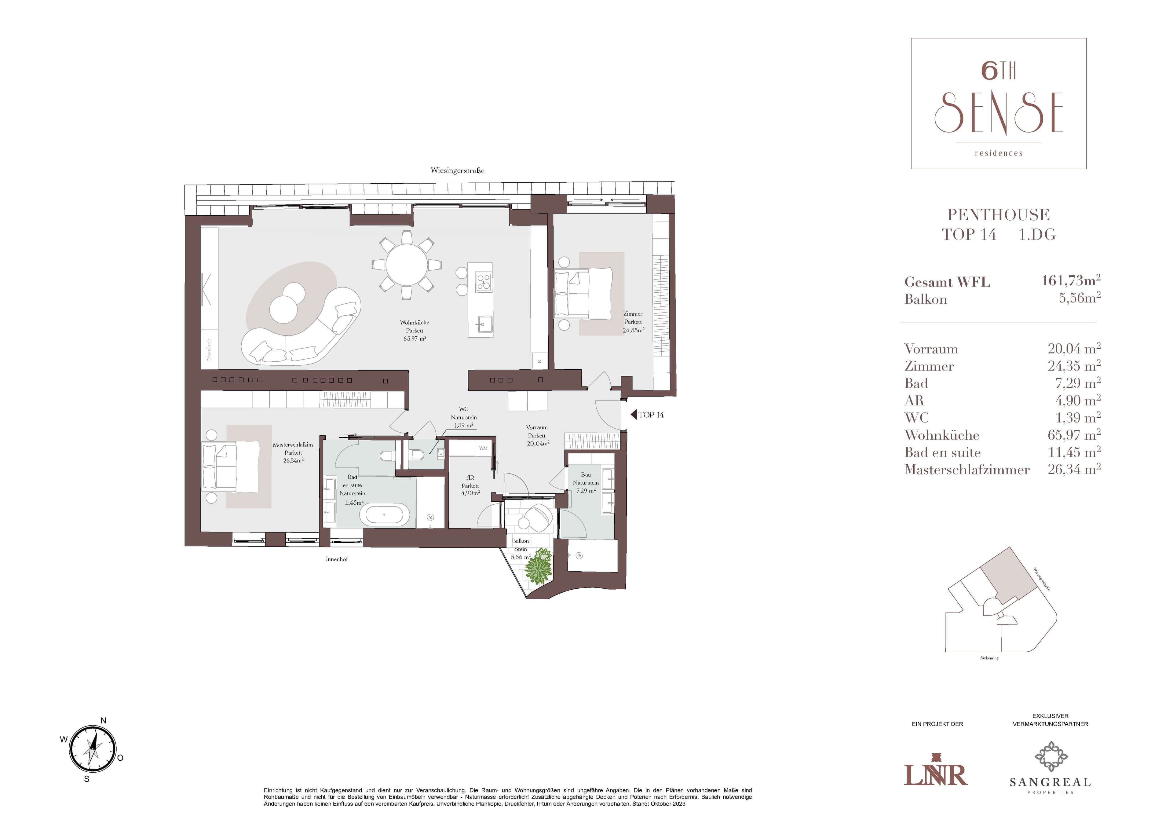 Grundriss Top 14 — SIXTH SENSE Residences — 3 Zimmer — 162 m² — 1st floor — Stubenring, Urania, Stephansdom