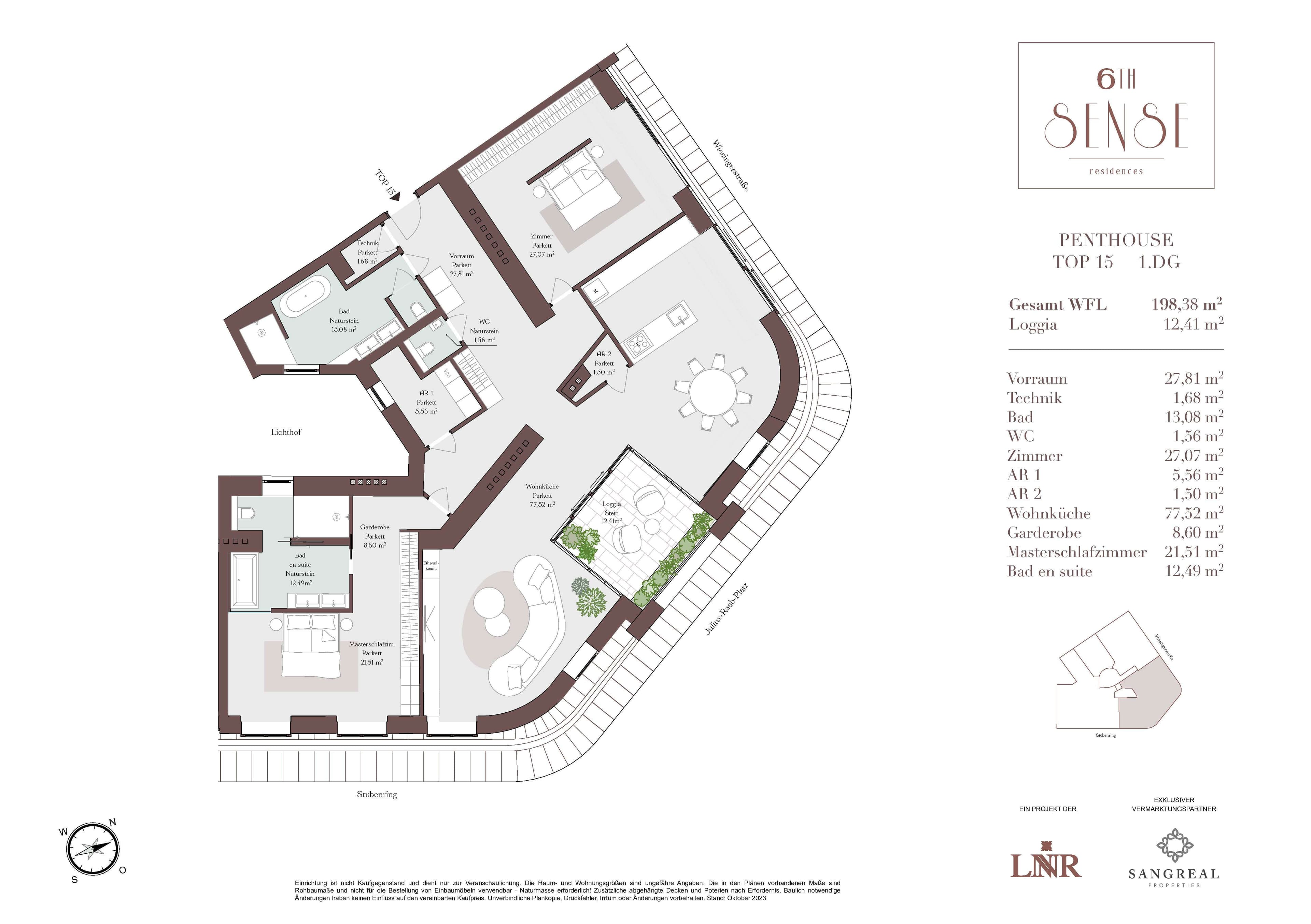 Grundriss Top 15 — SIXTH SENSE Residences — 3 Zimmer — 198 m² — 1st floor — Stubenring, Stadtpark