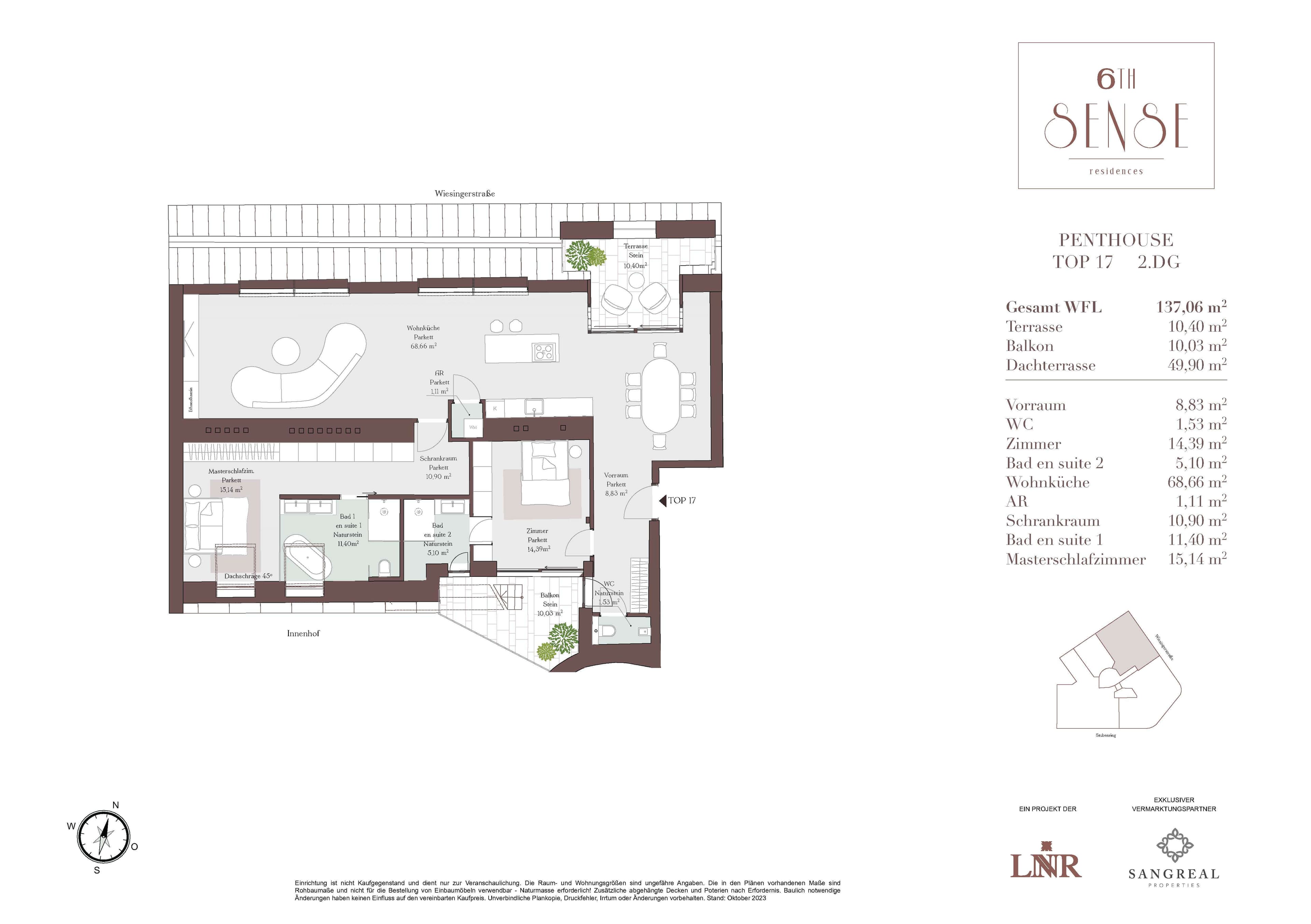 Grundriss Top 17 — SIXTH SENSE Residences — 3 Zimmer — 137 m² — 2nd floor / Penthouse — Stephansdom, Innere Stadt — Grundriss 1/2