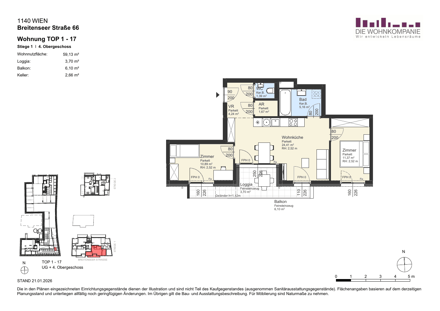 Grundriss Top 1/17 — Sixtysix — 3 Zimmer — 59,1 m² — 4th floor
