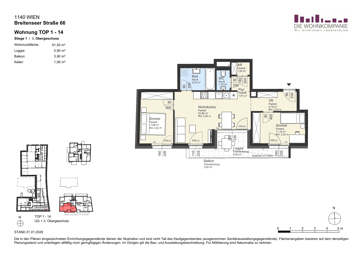 Grundriss Top 1/14 — Sixtysix — 3 Zimmer — 61,9 m² — 3rd floor