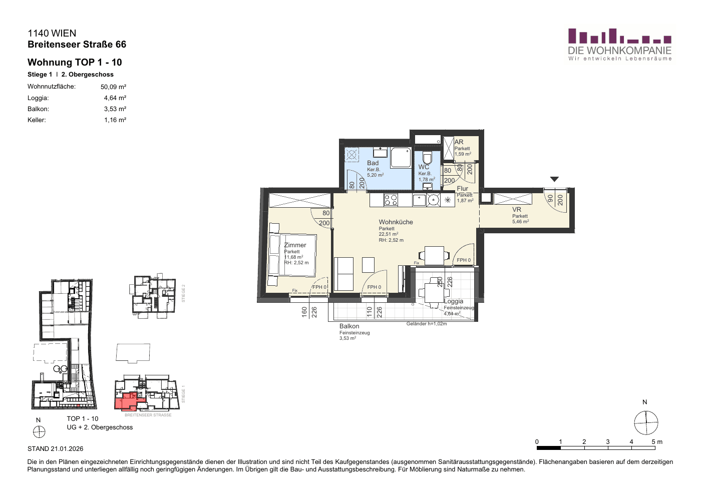 Grundriss Top 1/10 — Sixtysix — 2 Zimmer — 50,1 m² — 2nd floor