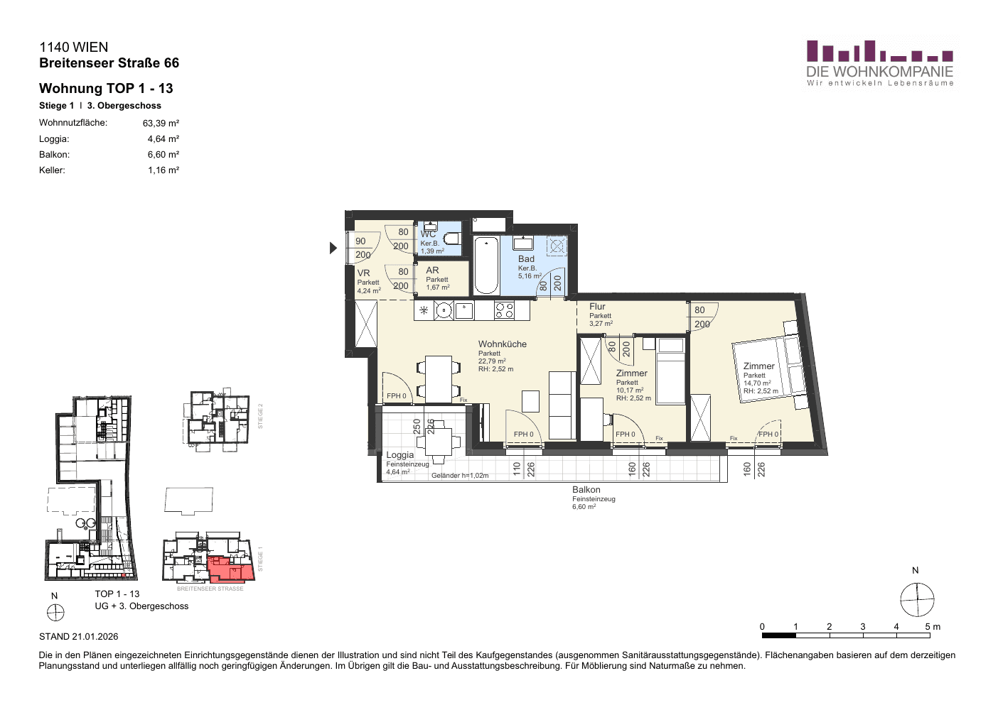 Grundriss Top 1/13 — Sixtysix — 3 Zimmer — 64 m² — 3rd floor