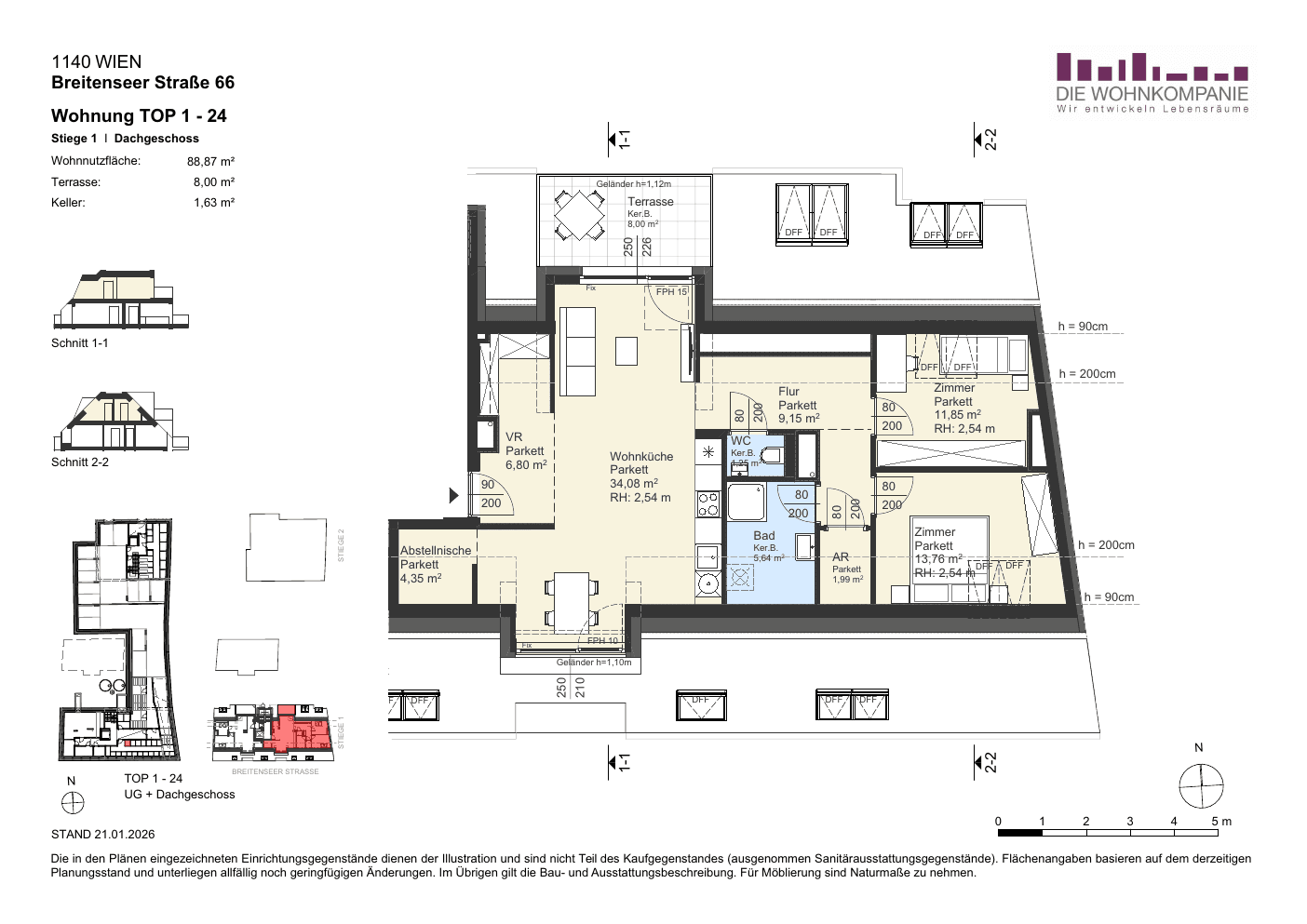 Grundriss Top 1/24 — Sixtysix — 3 Zimmer — 88,9 m² — 1st attic floor